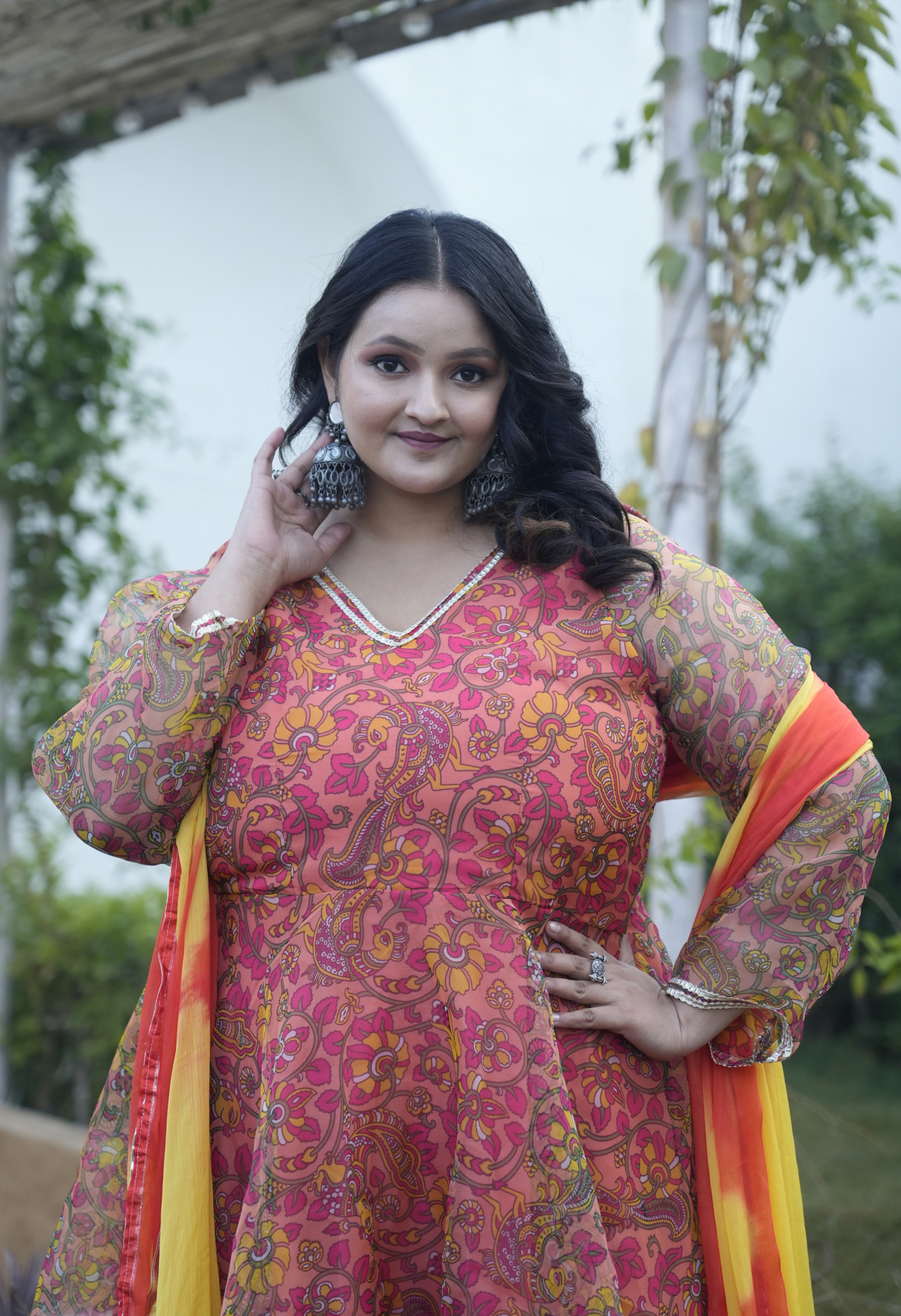 Tangerine Peacock Paisley Orgenza Anarkali Set