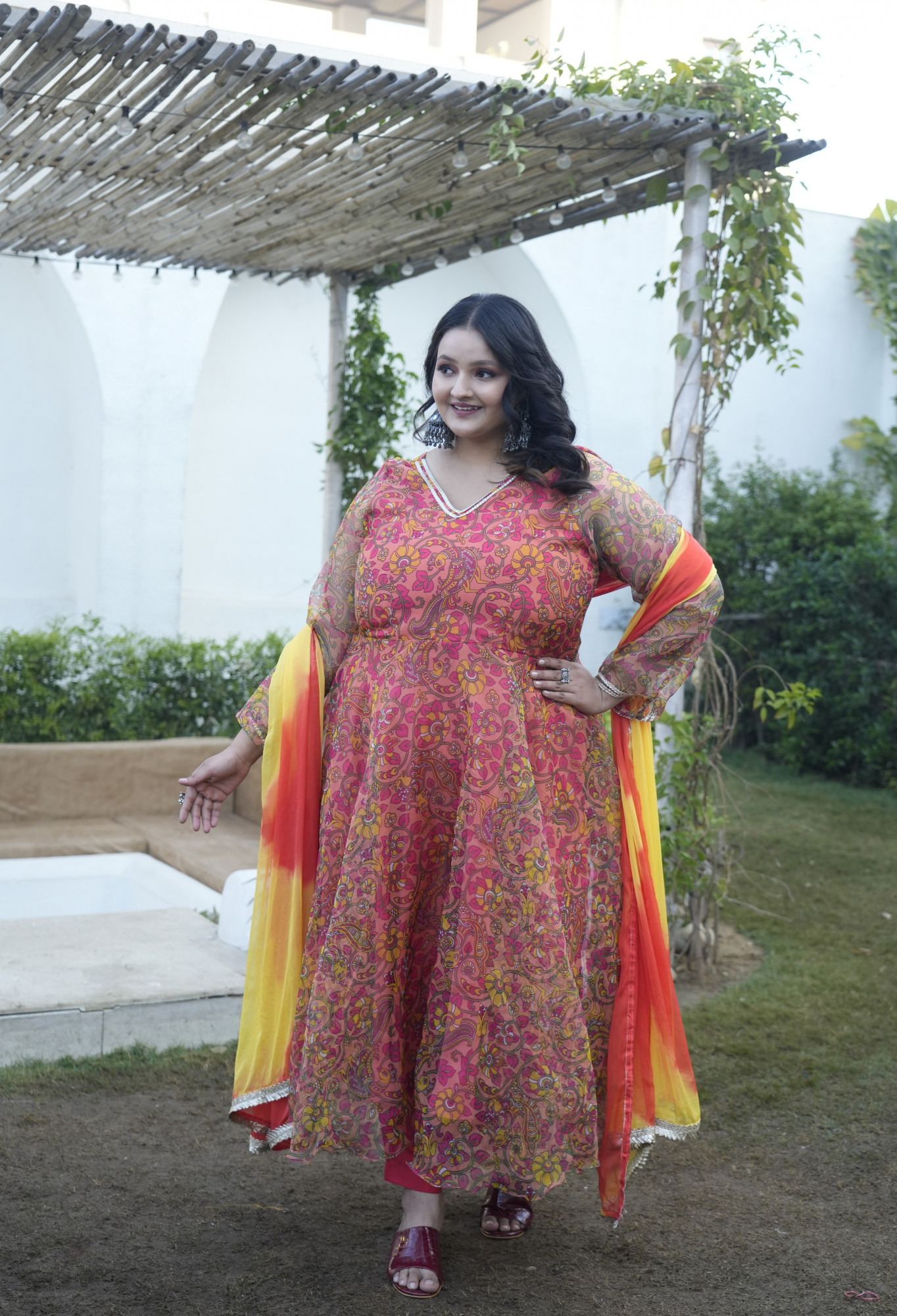 Tangerine Peacock Paisley Orgenza Anarkali Set