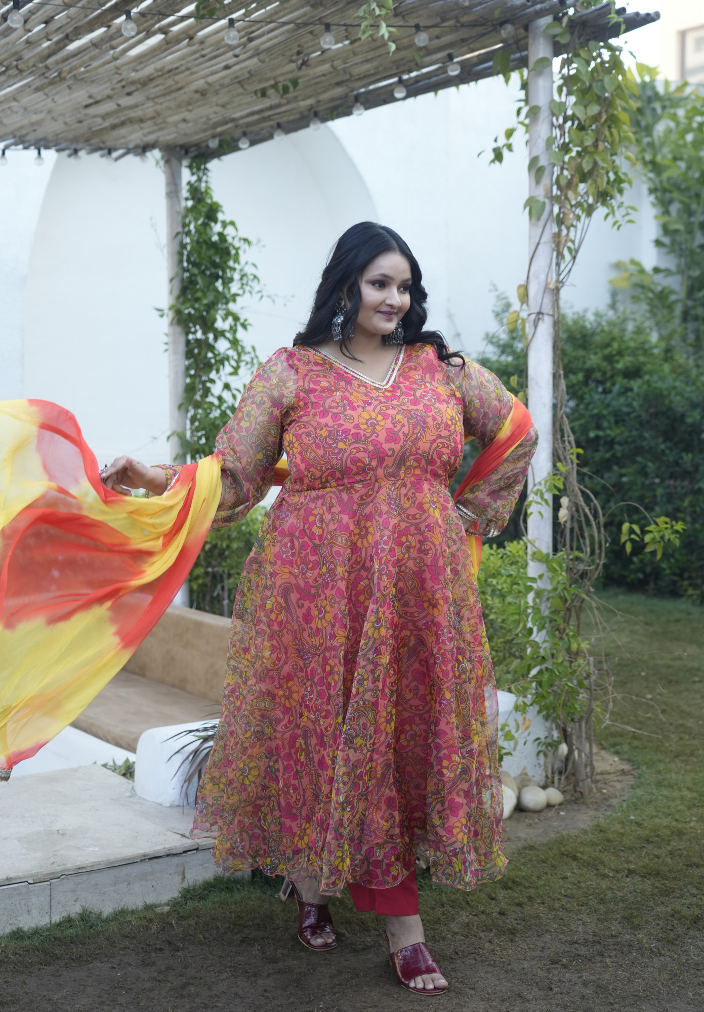Tangerine Peacock Paisley Orgenza Anarkali Set