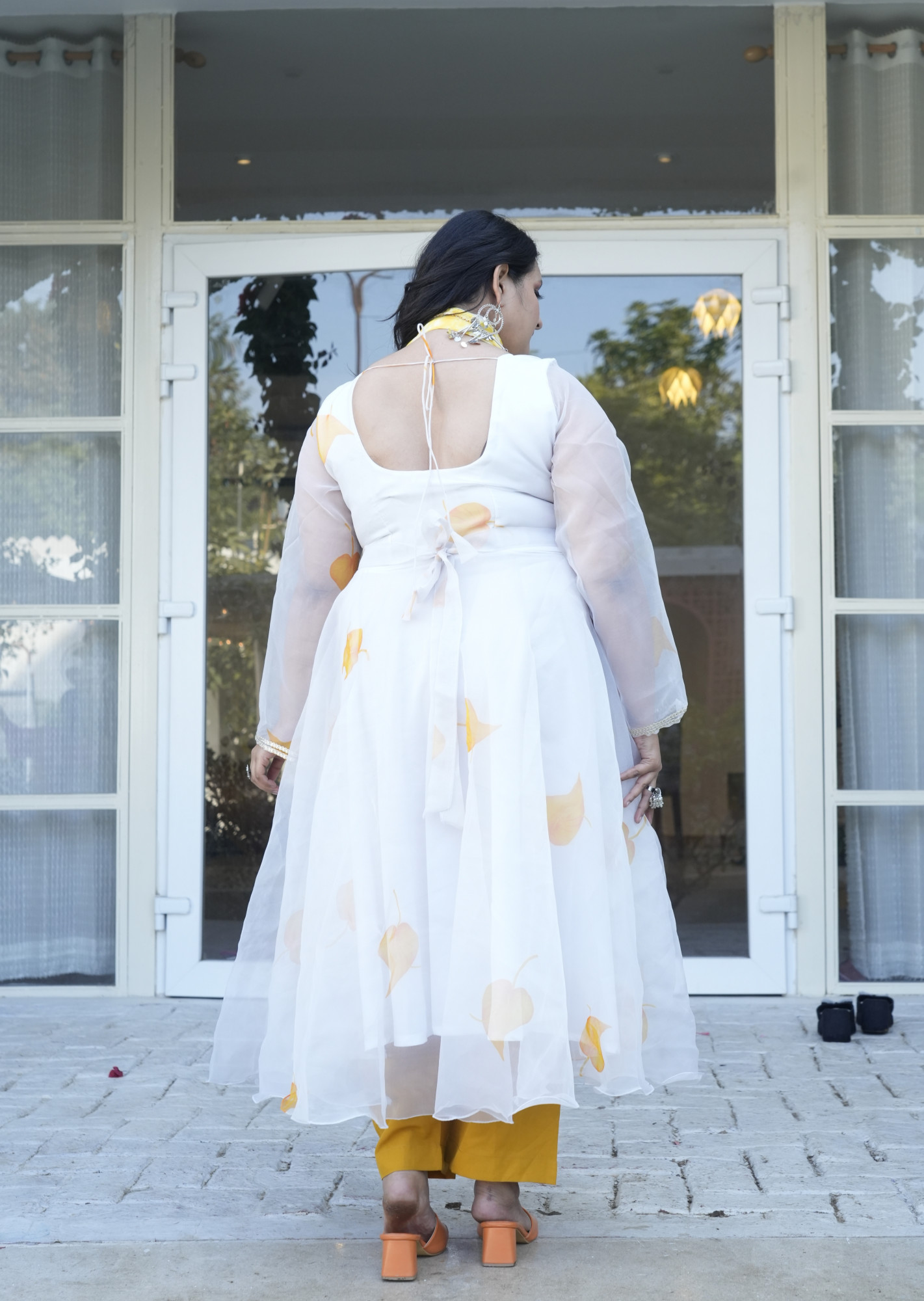 Peace Yellow Leaf Orgenza Anarkali Set