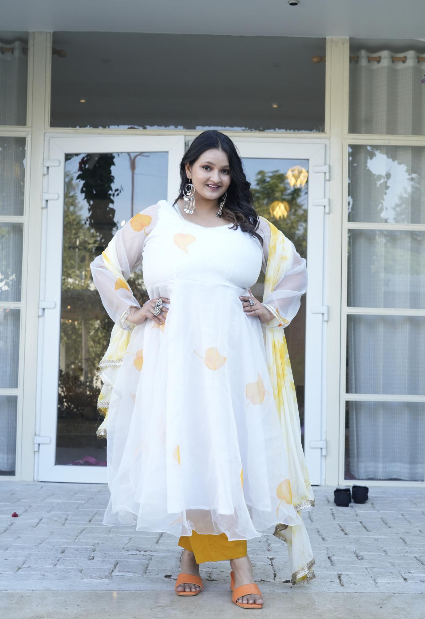 Peace Yellow Leaf Orgenza Anarkali Set
