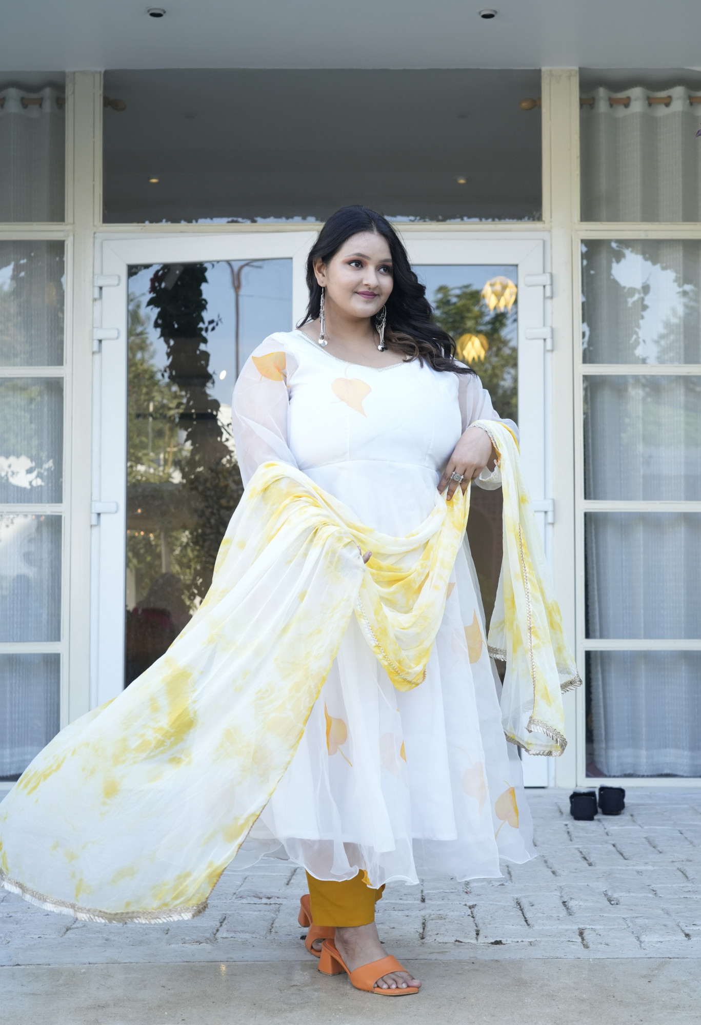 Peace Yellow Leaf Orgenza Anarkali Set