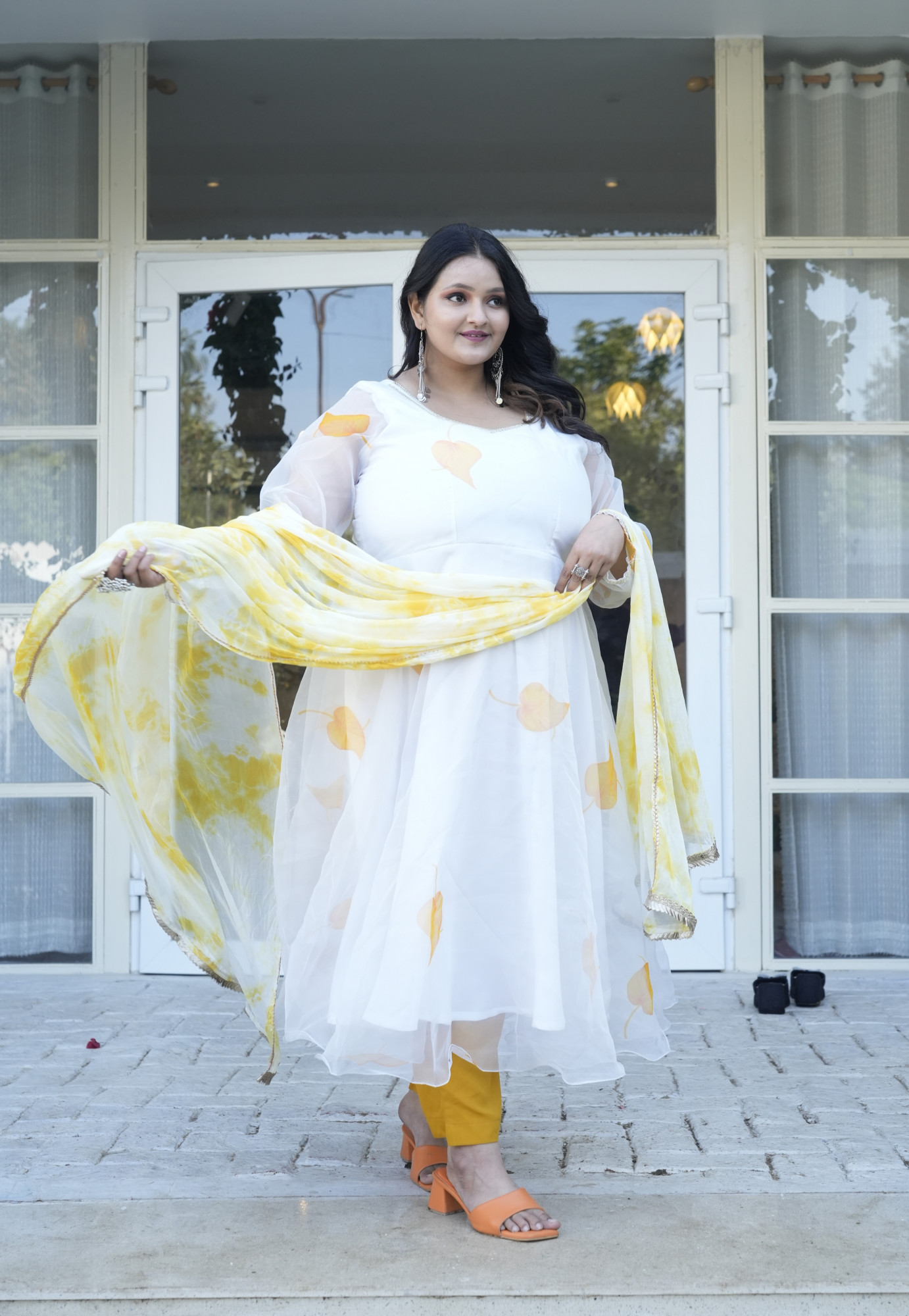 Peace Yellow Leaf Orgenza Anarkali Set