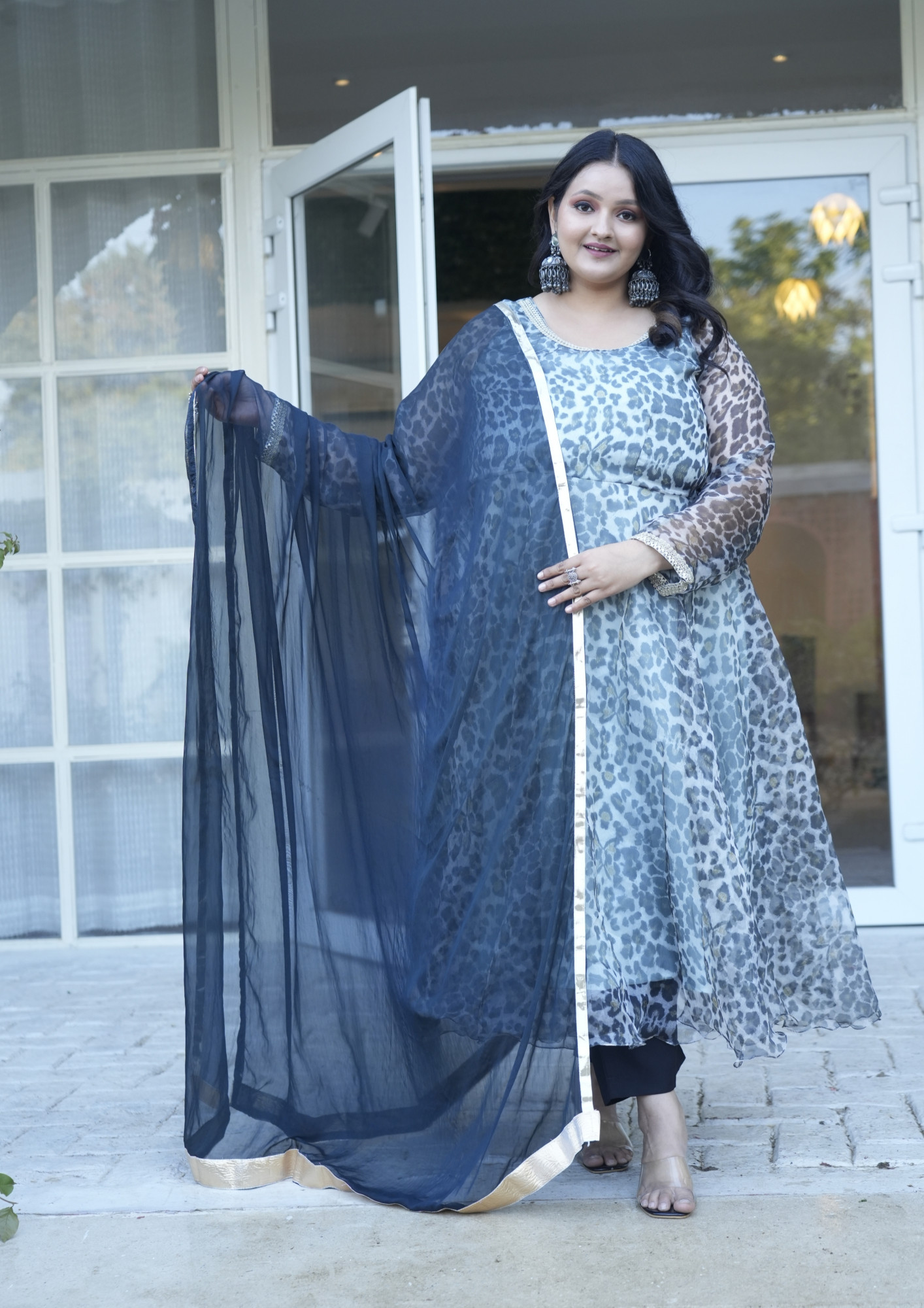 Cinder Animal Printed Black Orgenza Anarkali Set