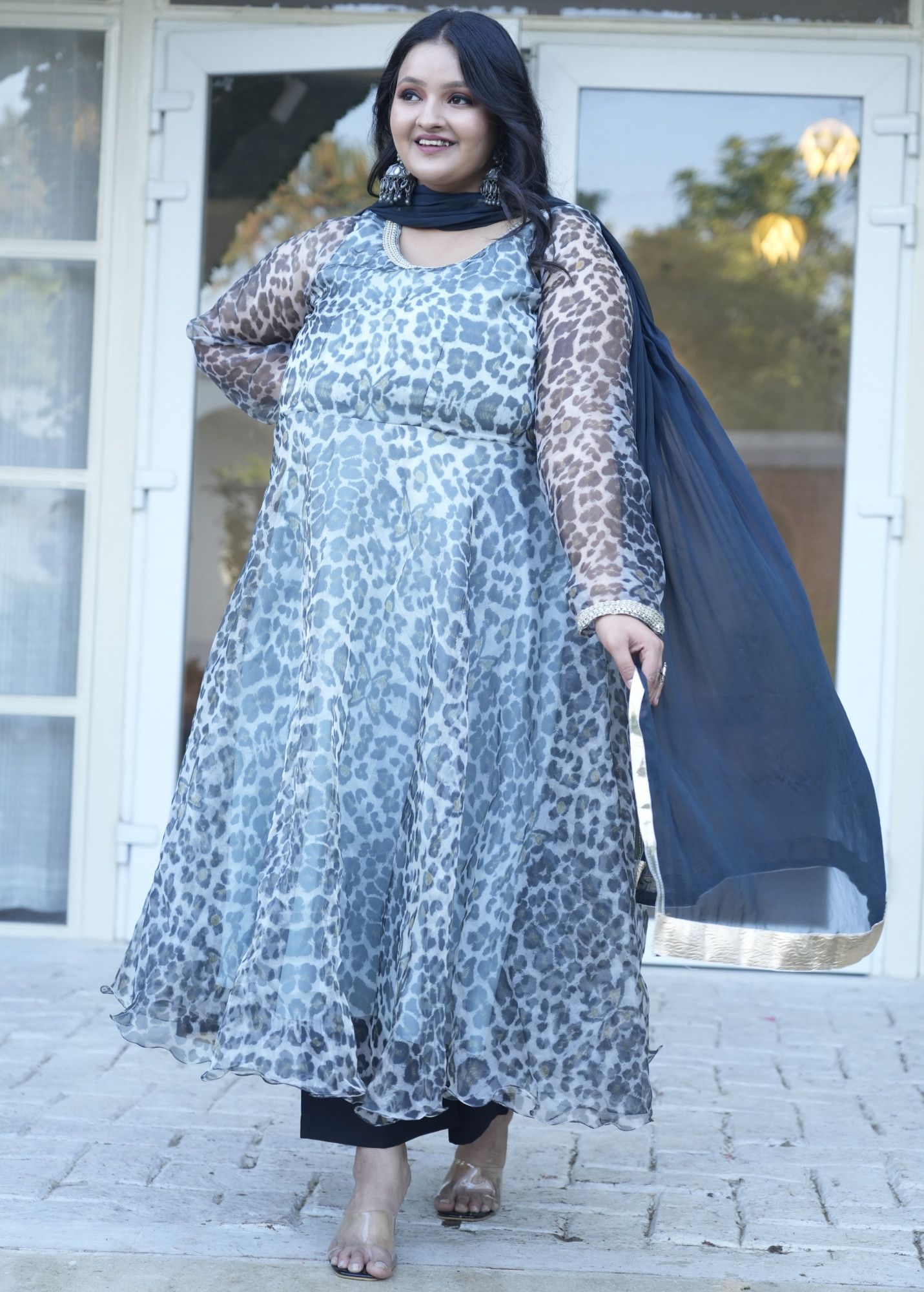 Cinder Animal Printed Black Orgenza Anarkali Set