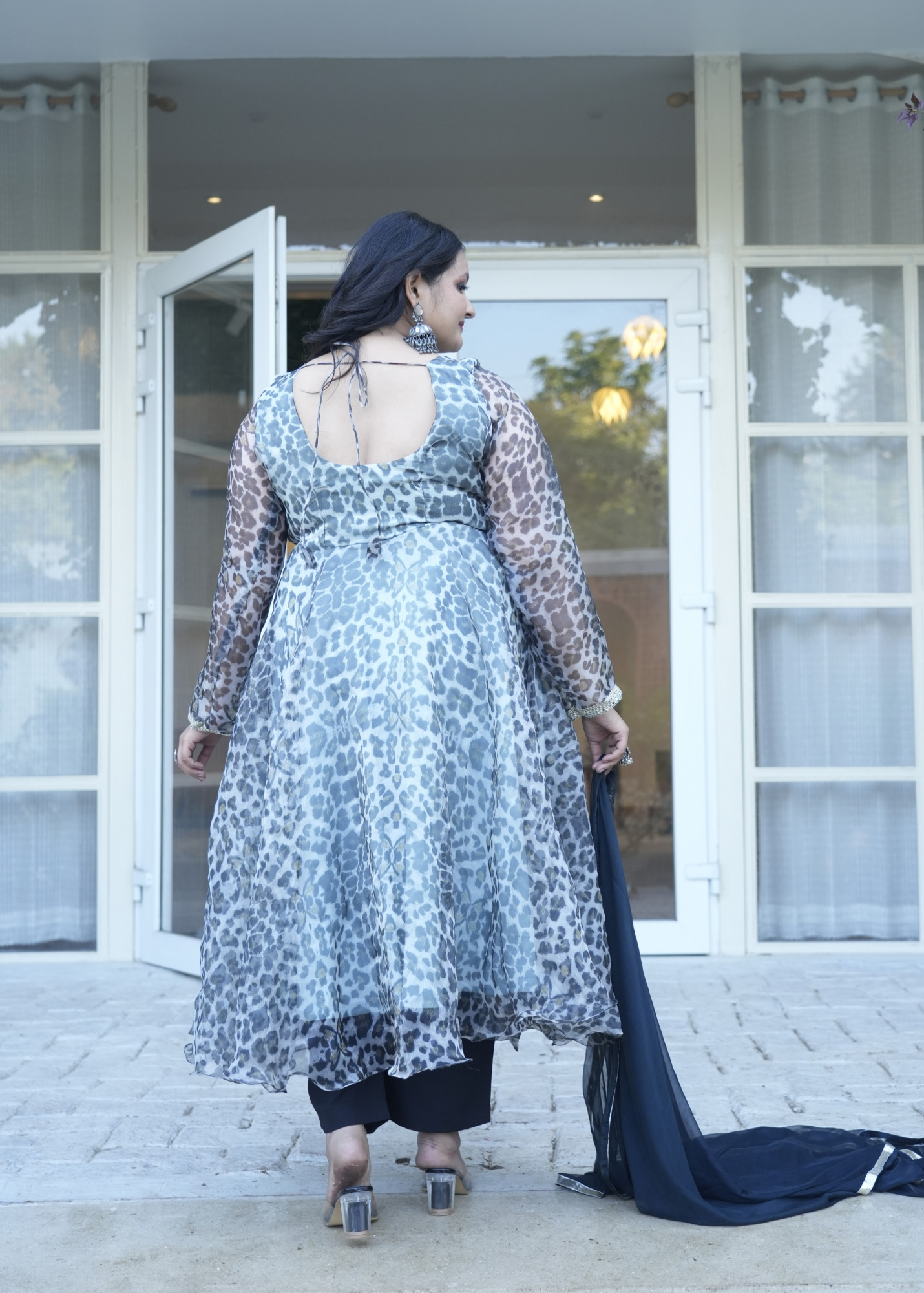 Cinder Animal Printed Black Orgenza Anarkali Set