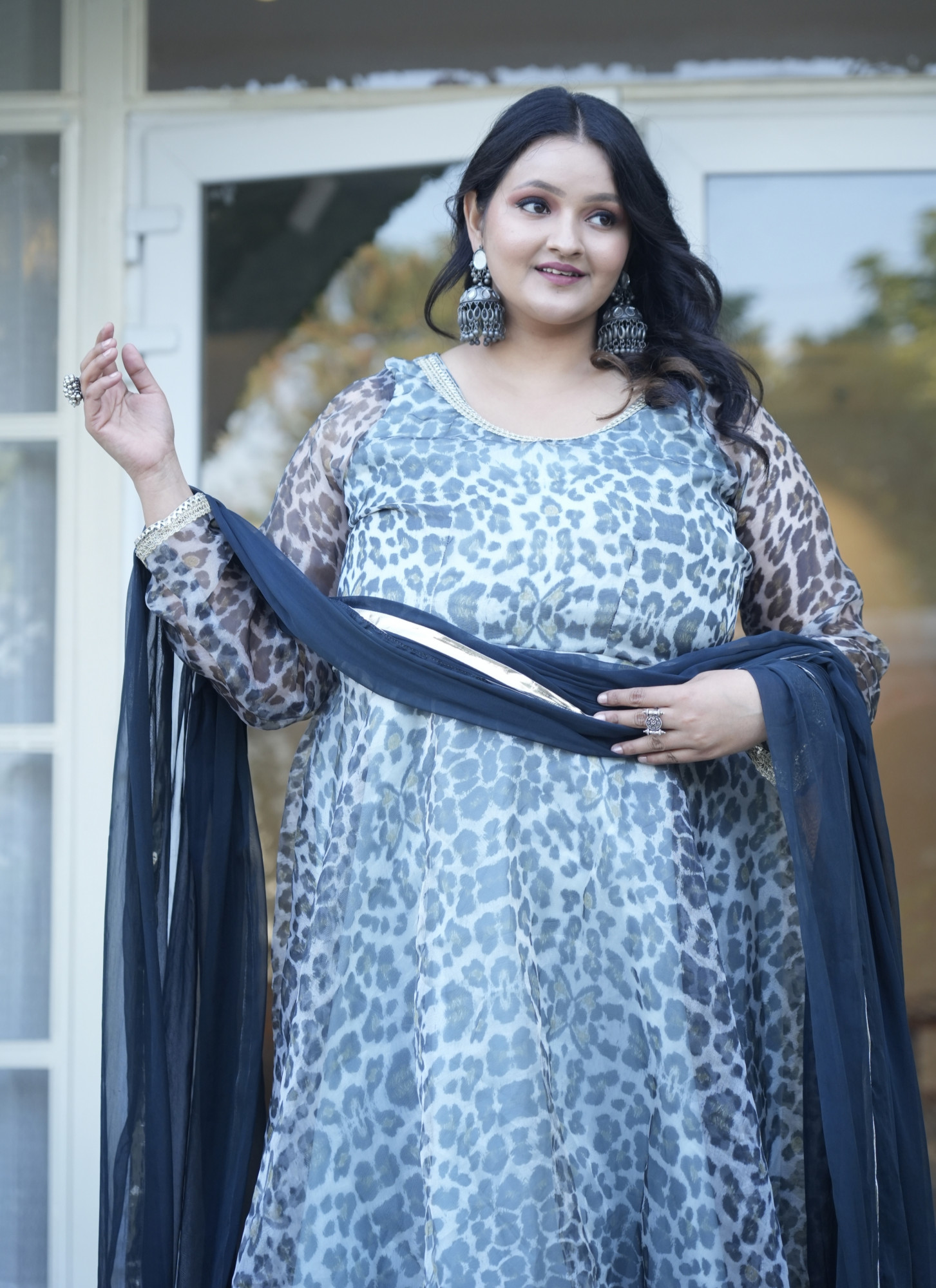 Cinder Animal Printed Black Orgenza Anarkali Set