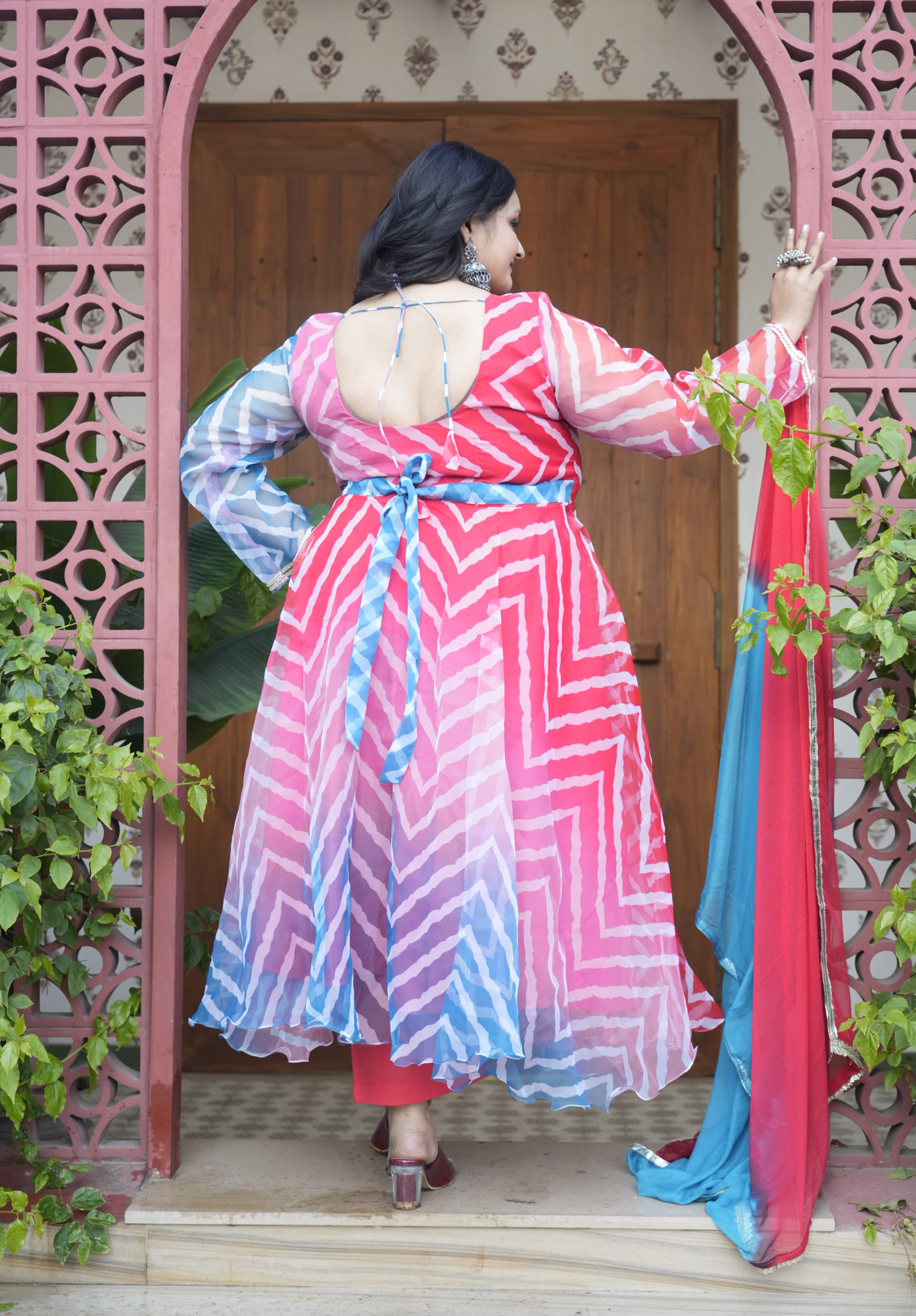 Ombre Abstract Blue and Cherry Orgenza Anarkali Set