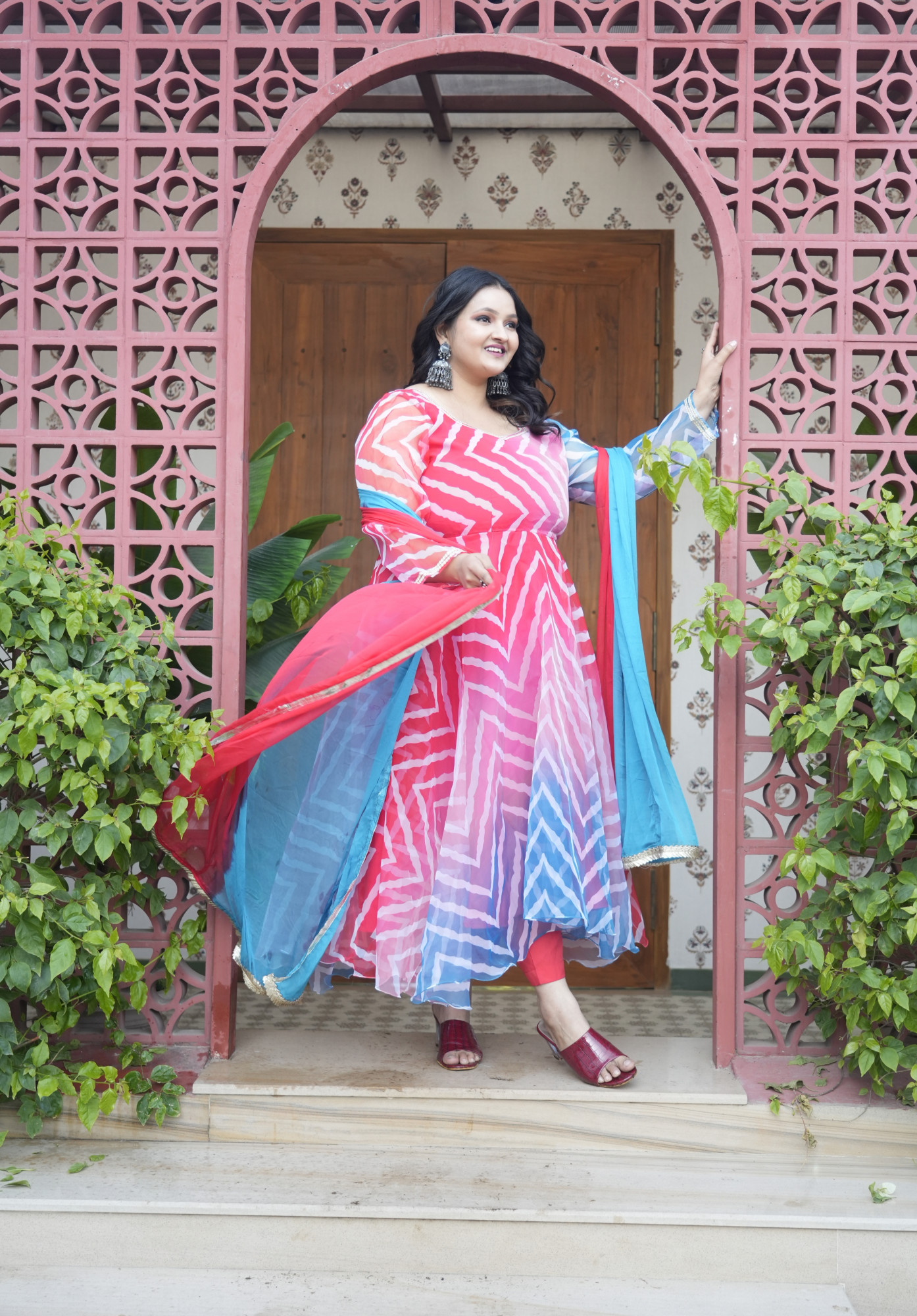 Ombre Abstract Blue and Cherry Orgenza Anarkali Set