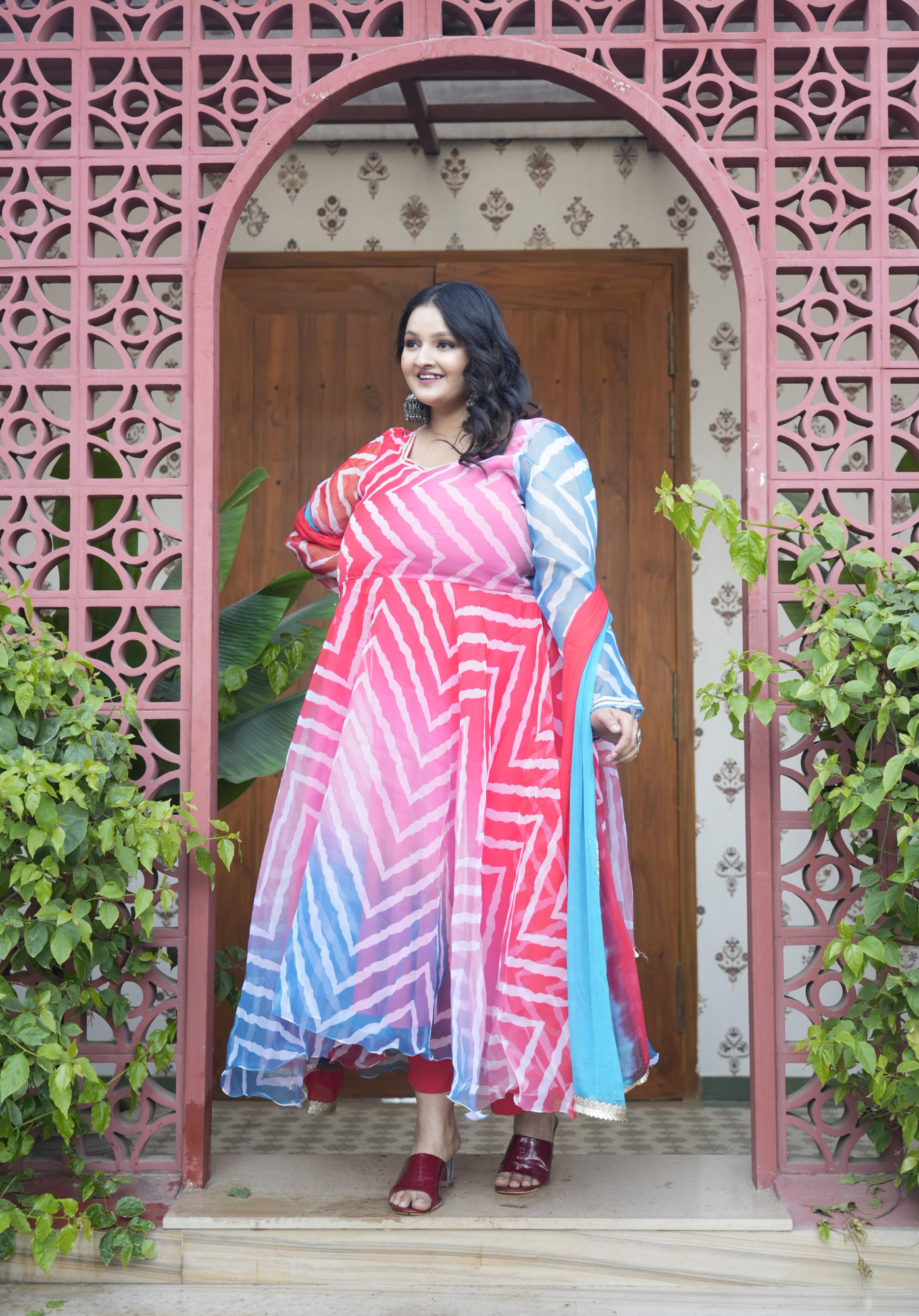 Ombre Abstract Blue and Cherry Orgenza Anarkali Set