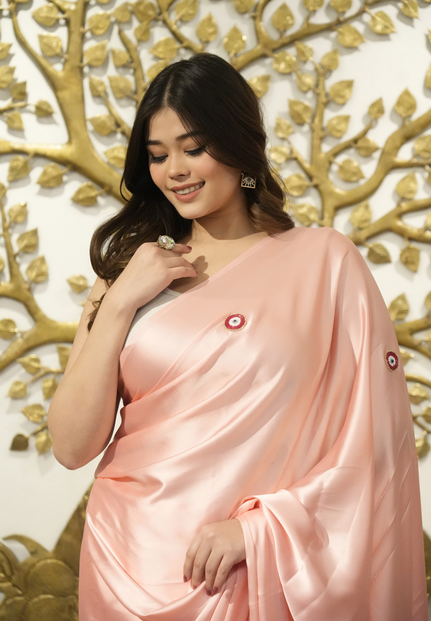 Pastel Peach Evil Eye Satin Saree