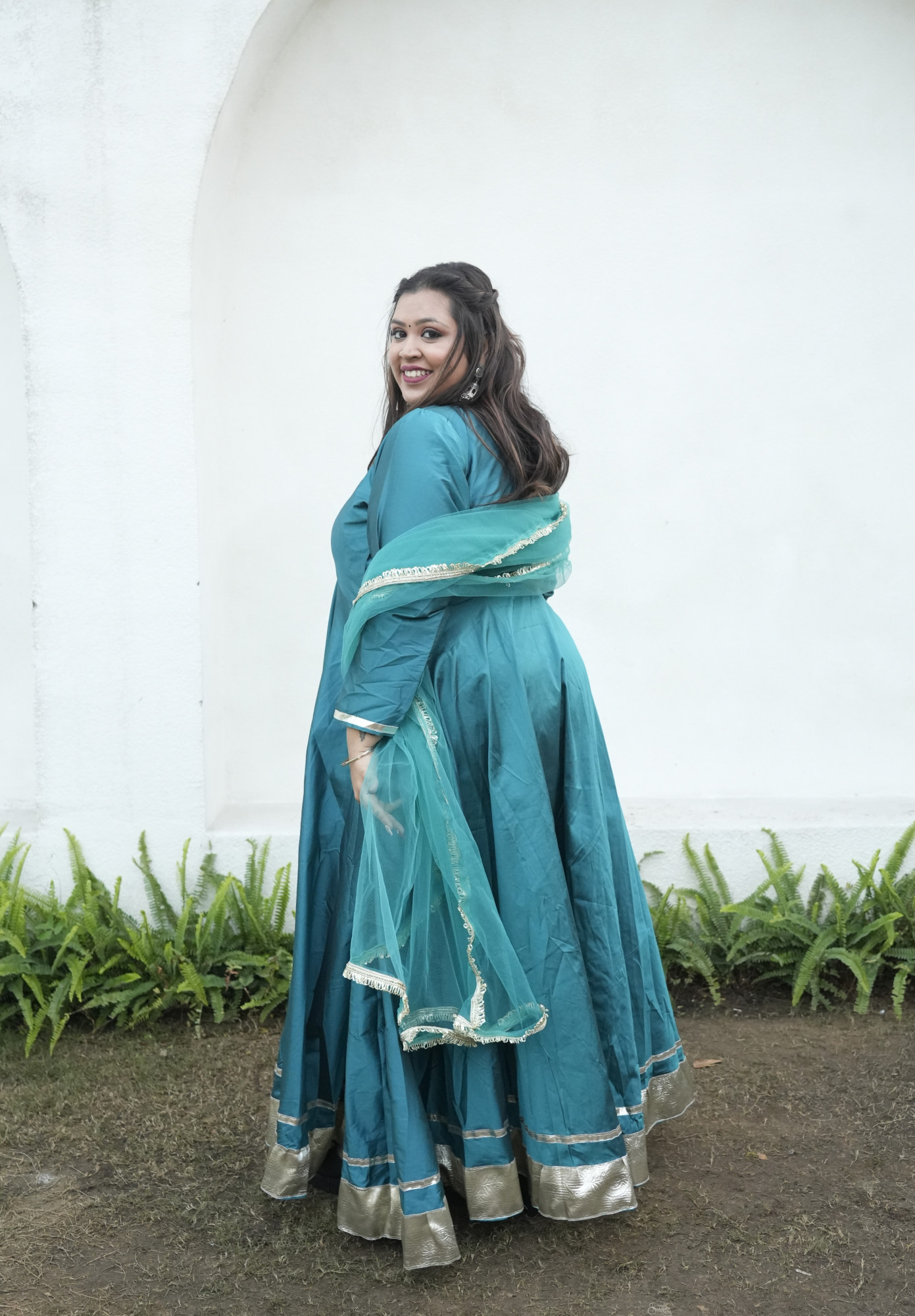 Hiba Rama Green Silk Anarkali Set