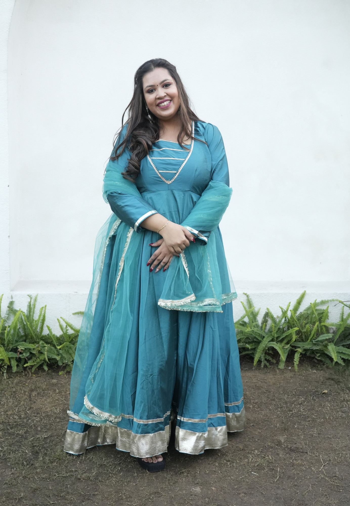 Hiba Rama Green Silk Anarkali Set