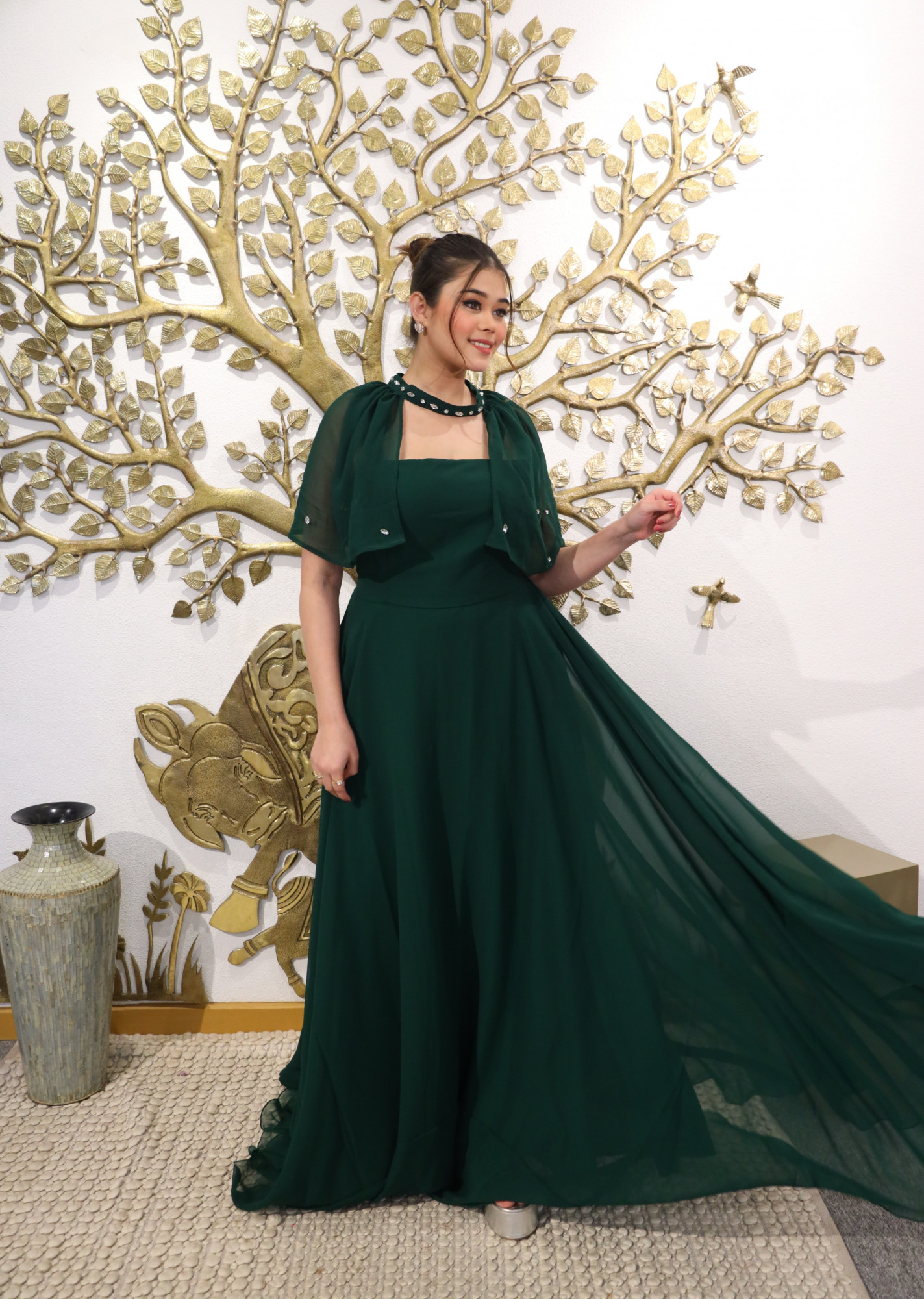 Forest Fantasy Georgette Dress With Cape