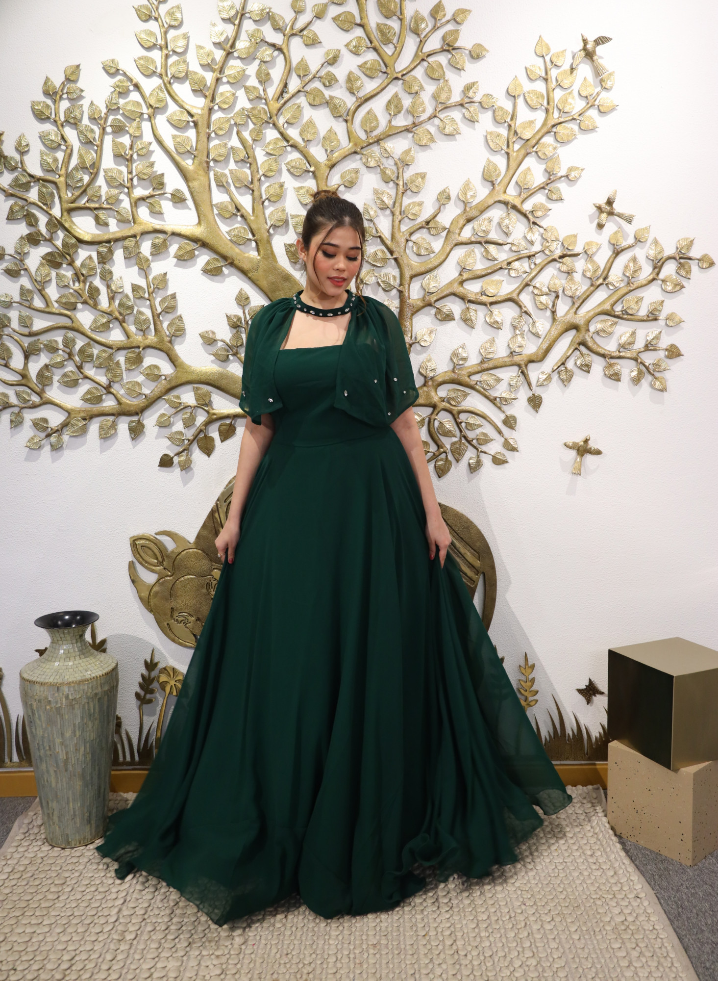 Forest Fantasy Georgette Dress With Cape