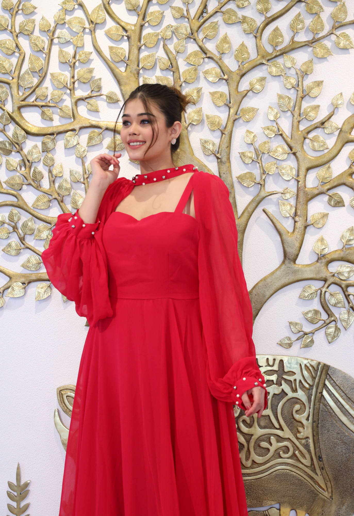 Red Chilli Georgette Dress With Cape Sleeves