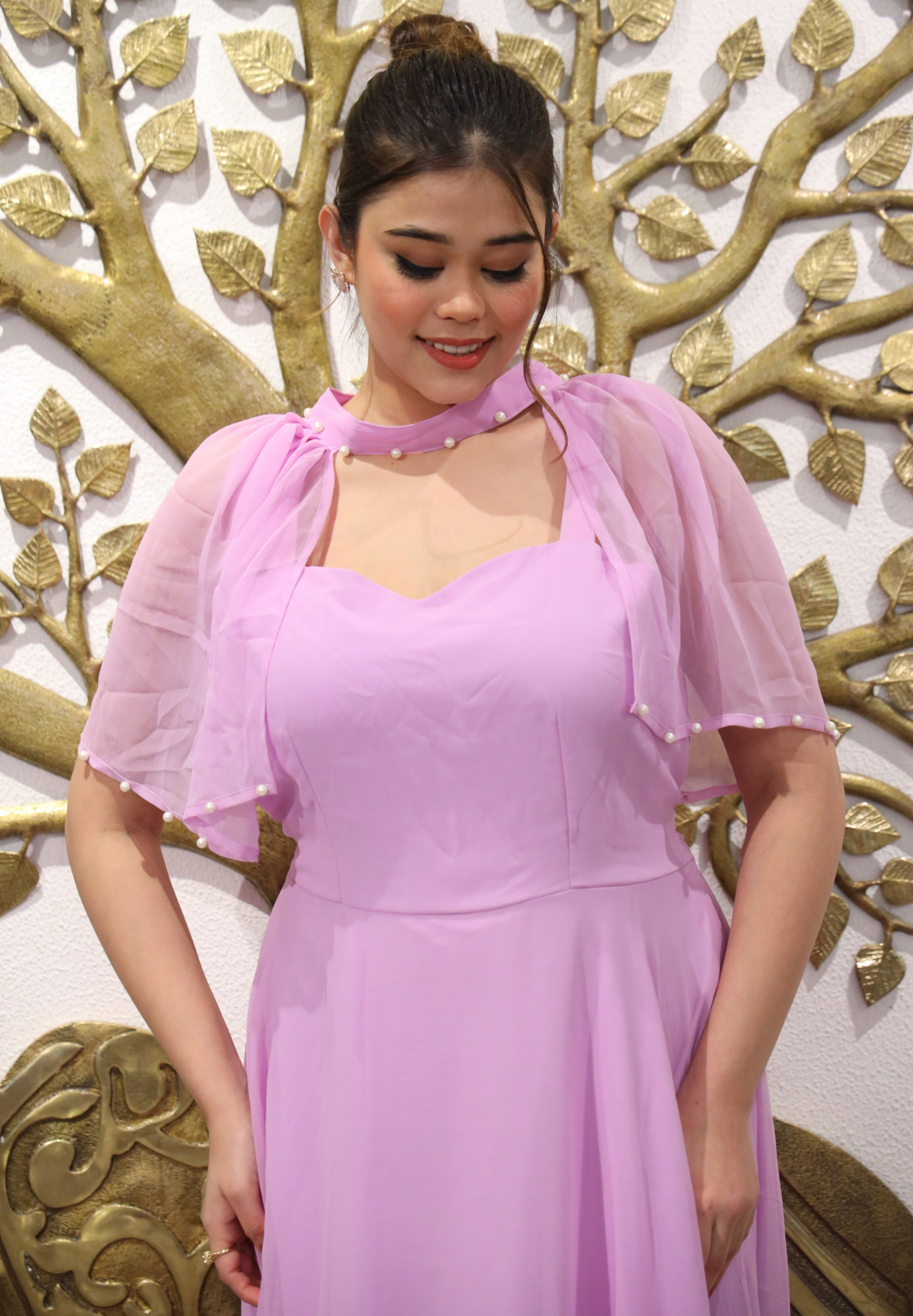 Lilac Whisper Georgette Gown with Cape Sleeves