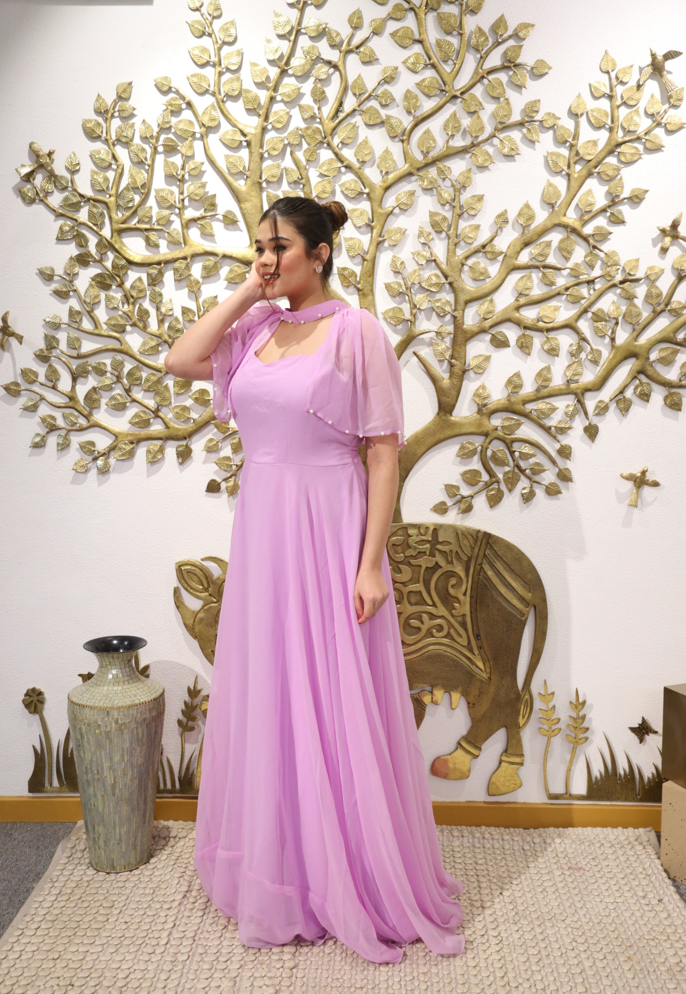 Lilac Whisper Georgette Gown with Cape Sleeves