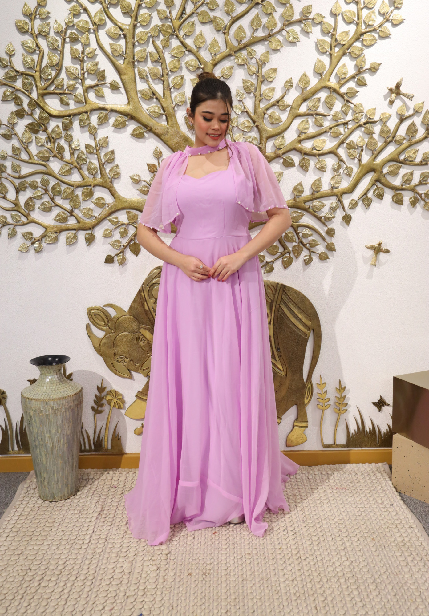 Lilac Whisper Georgette Gown with Cape Sleeves