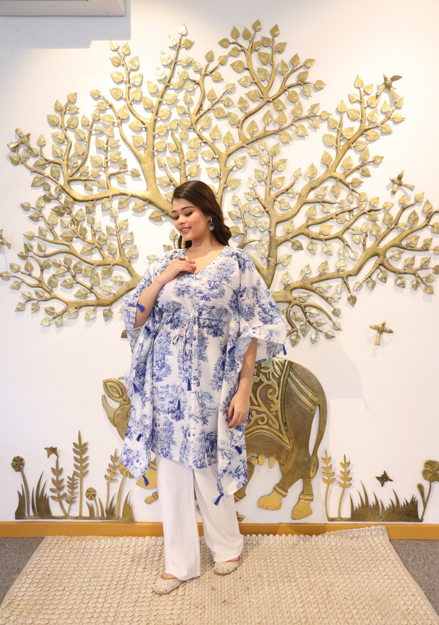 Indigo Elephant Tassels Detailed Kaftan