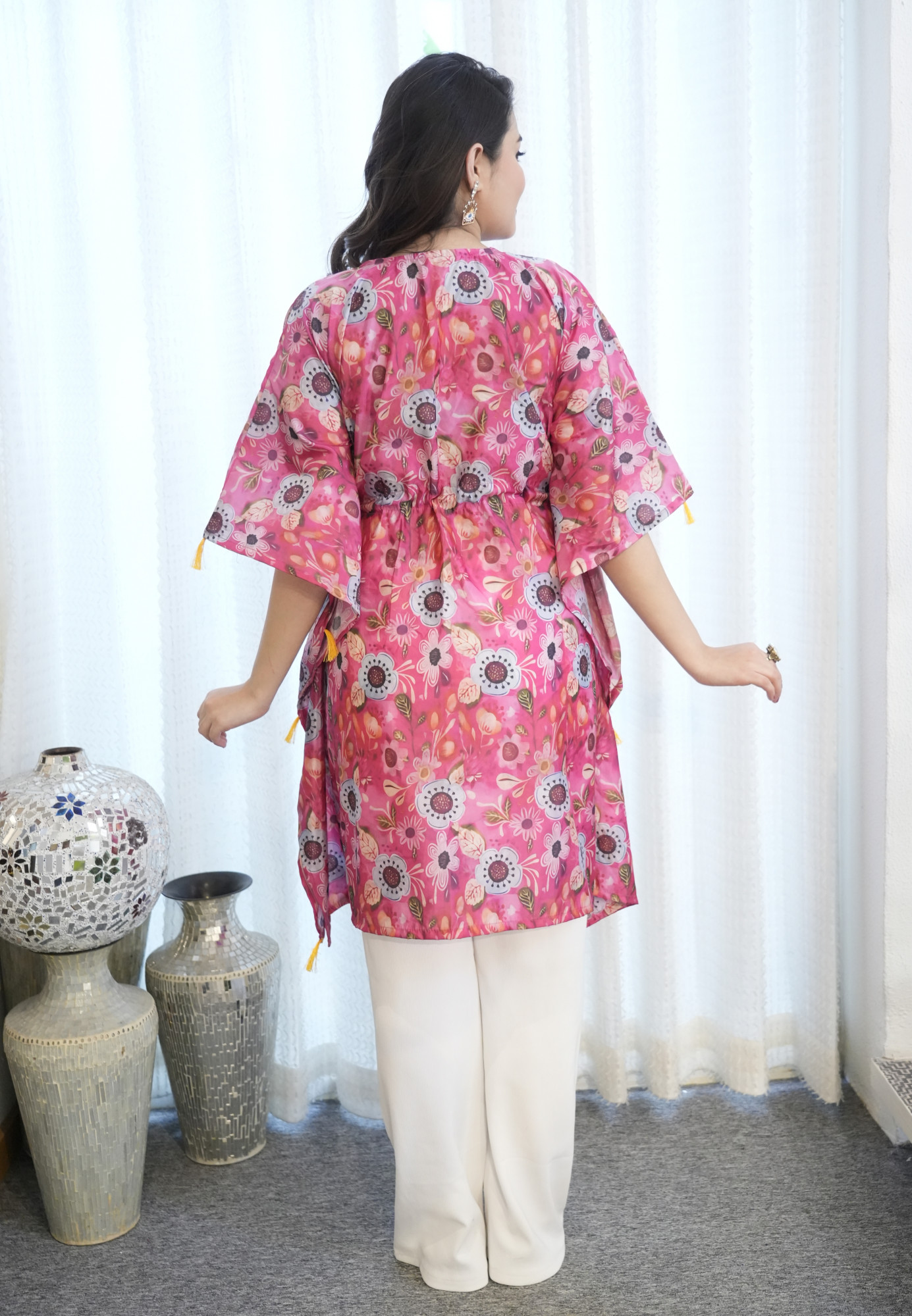 Grey Flowers Printed Tassels Detailed Kaftan