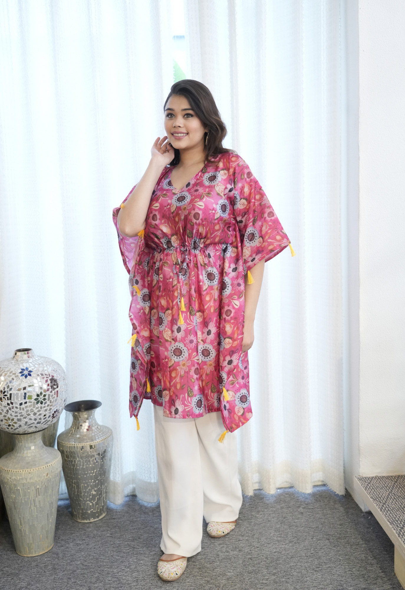 Grey Flowers Printed Tassels Detailed Kaftan