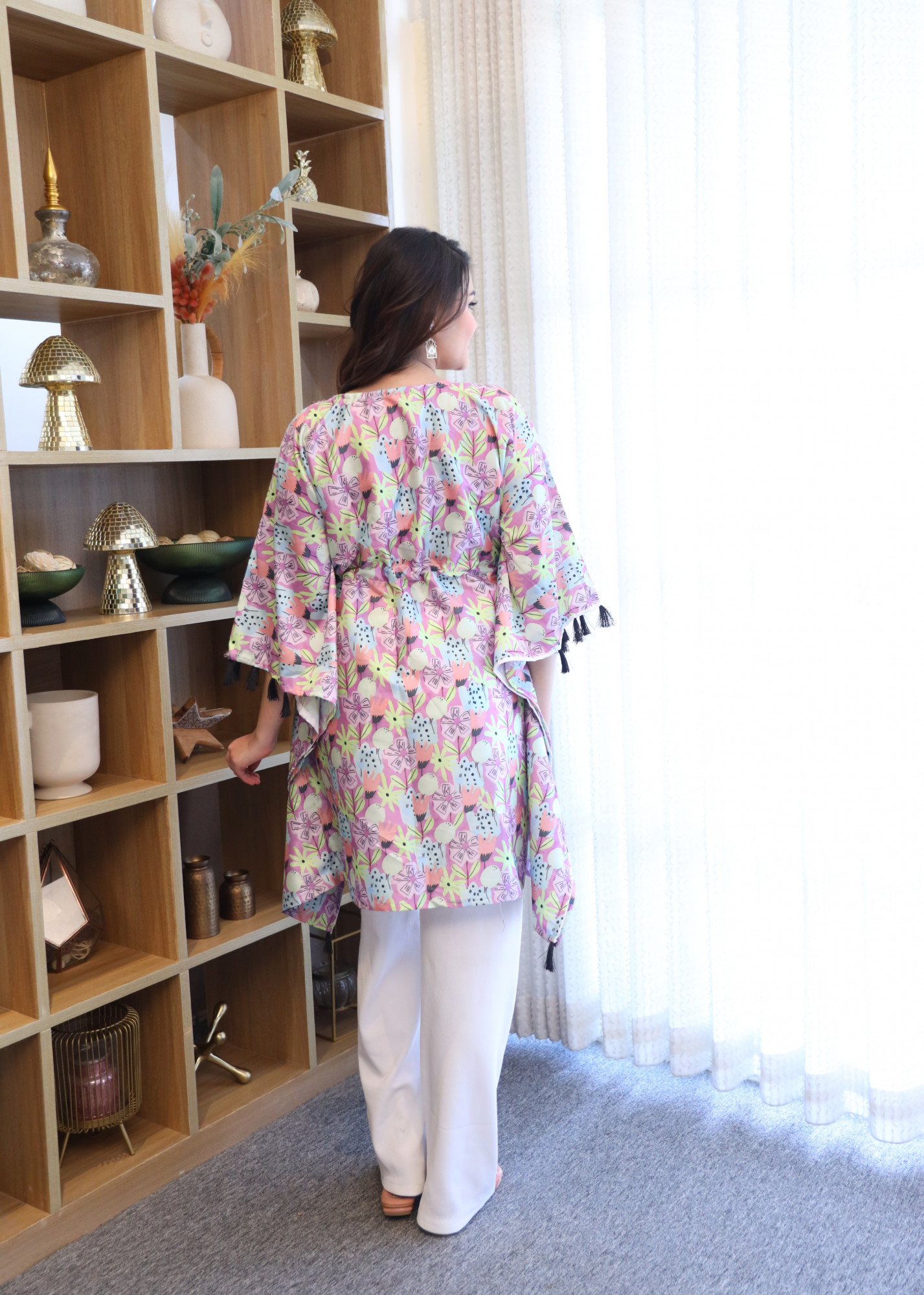 Dusky Multicolour Flower Printed Tassels Detailed Kaftan