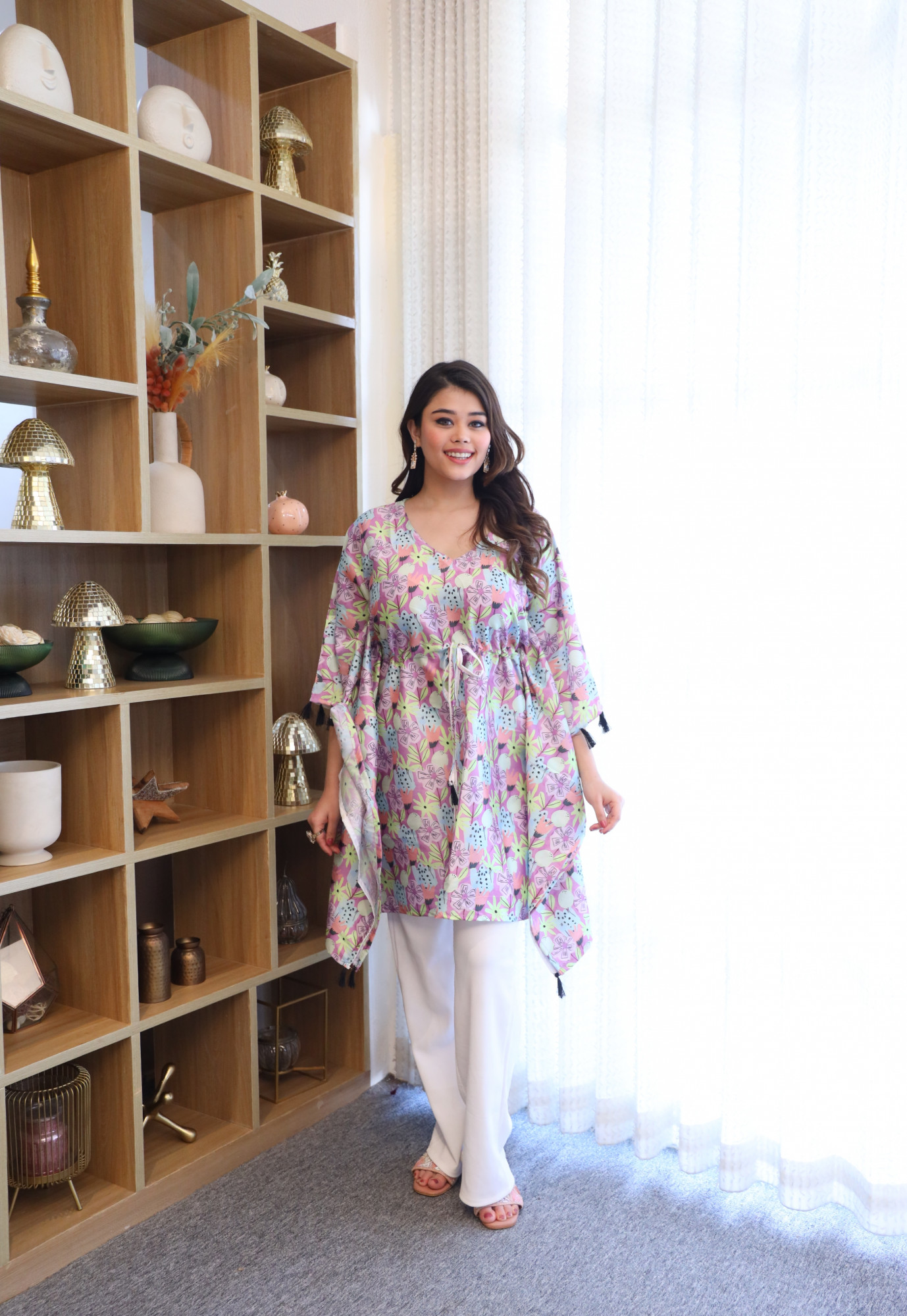 Dusky Multicolour Flower Printed Tassels Detailed Kaftan