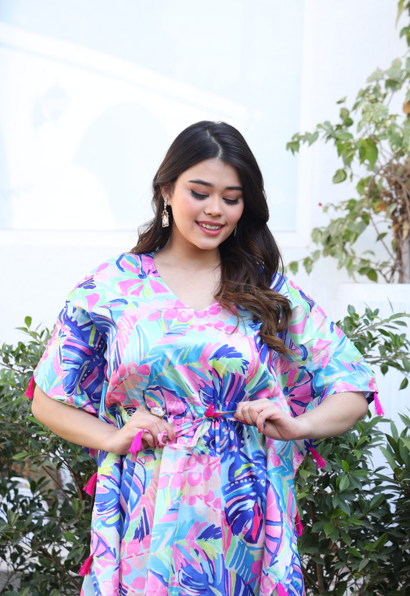 Multicolur Leaf Printed Tassels Detailed Kaftan