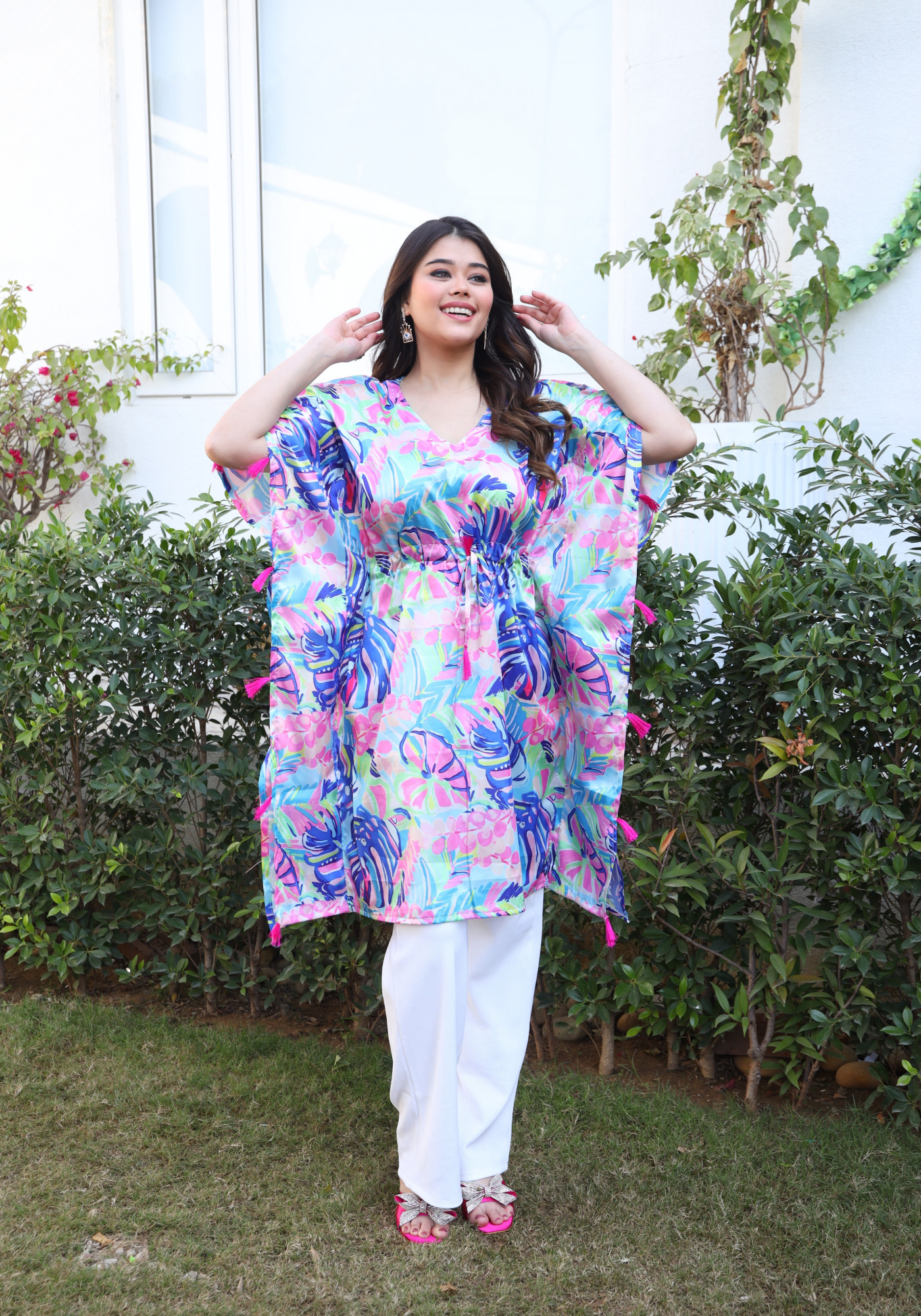 Multicolur Leaf Printed Tassels Detailed Kaftan