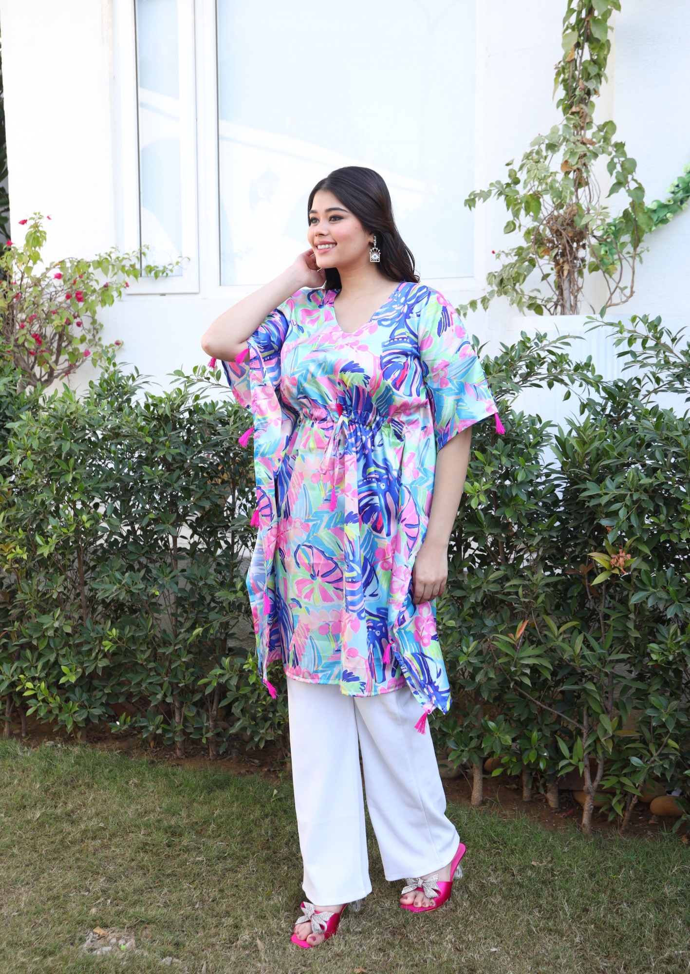 Multicolur Leaf Printed Tassels Detailed Kaftan