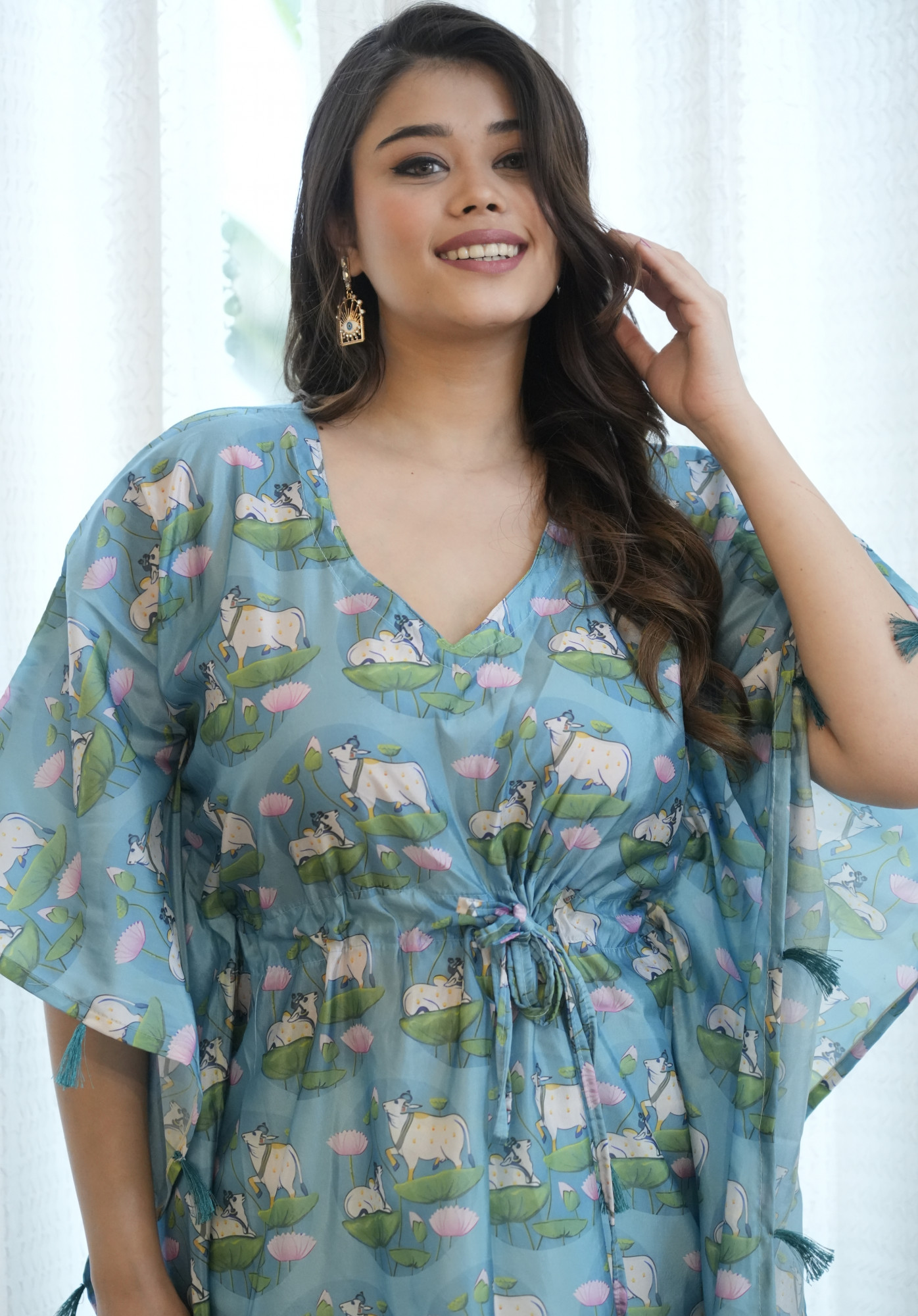 Rama Cow Printed Tassels Detailed Kaftan