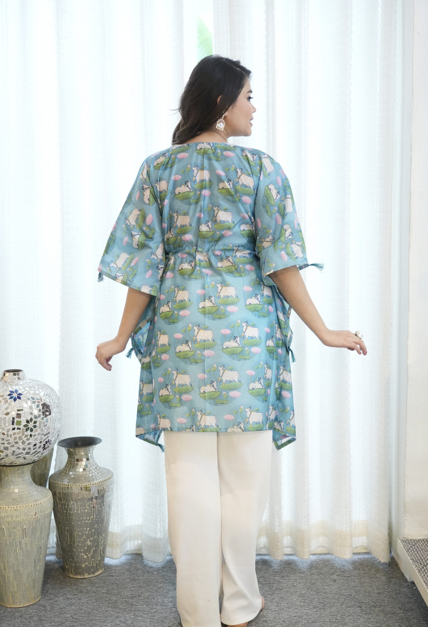 Rama Cow Printed Tassels Detailed Kaftan