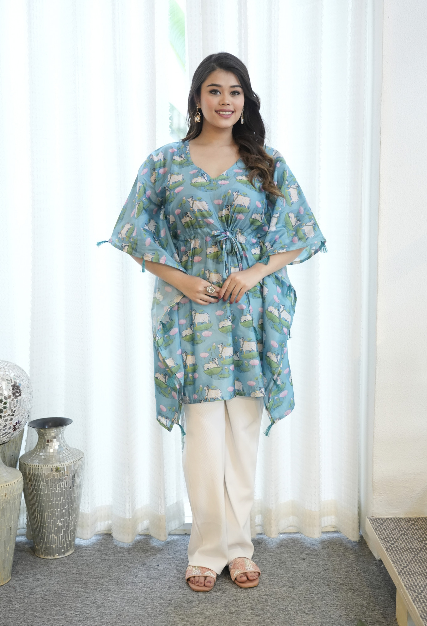 Rama Cow Printed Tassels Detailed Kaftan