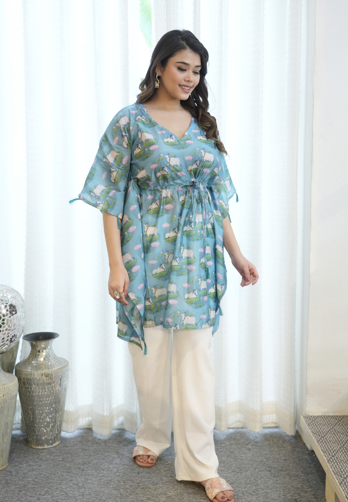 Rama Cow Printed Tassels Detailed Kaftan