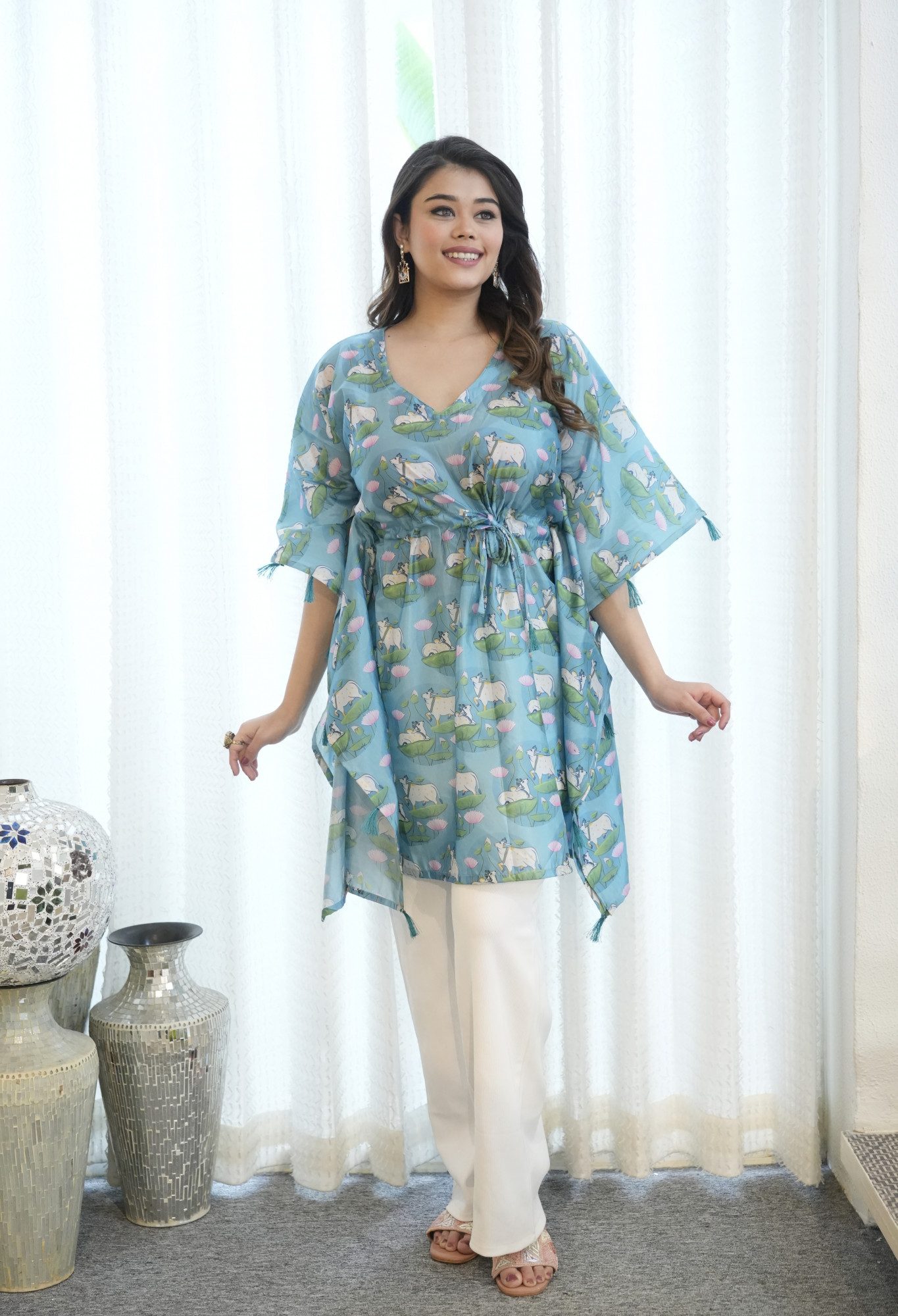 Rama Cow Printed Tassels Detailed Kaftan