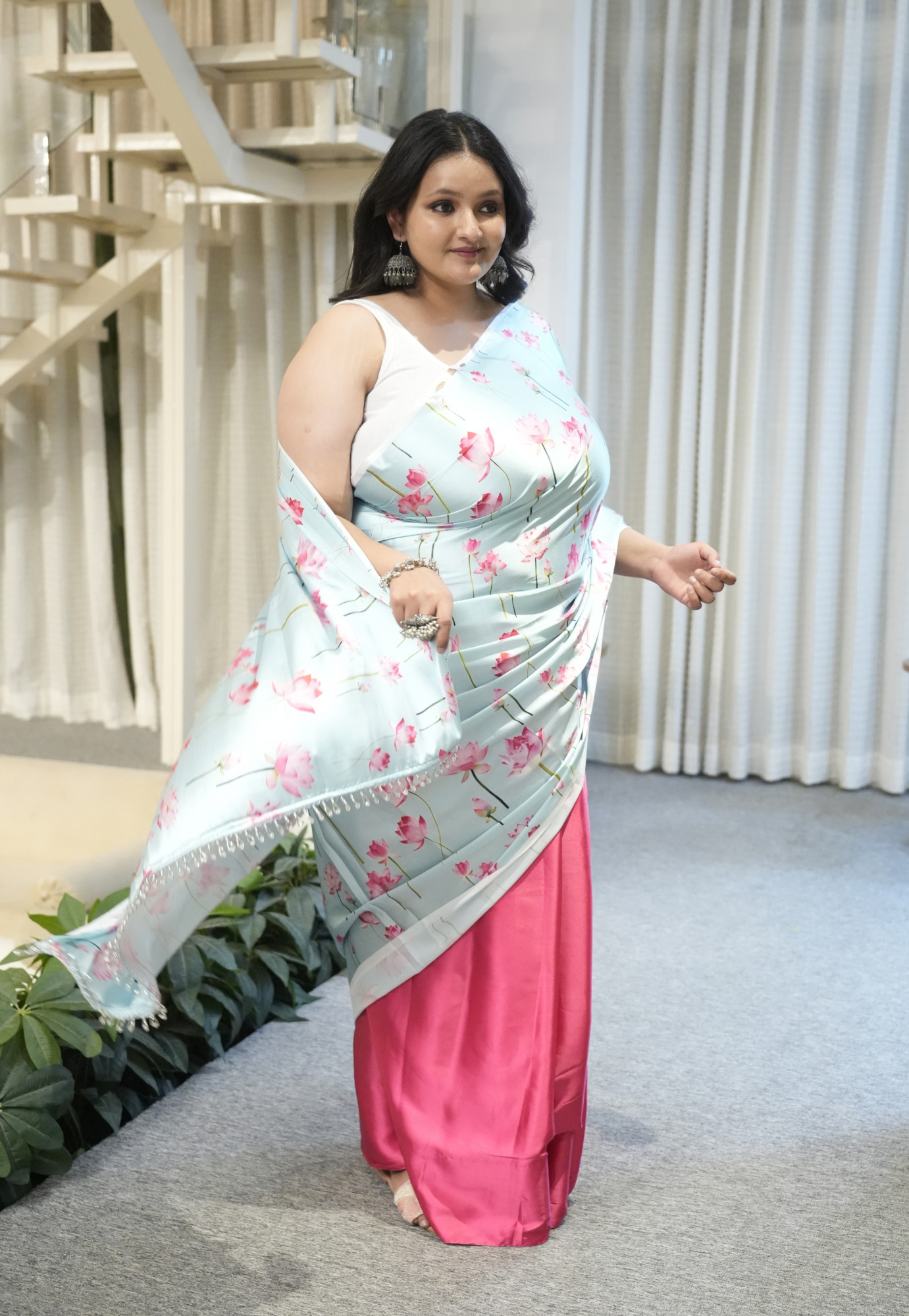 Sky Blue Lotus Plus Size satin Saree