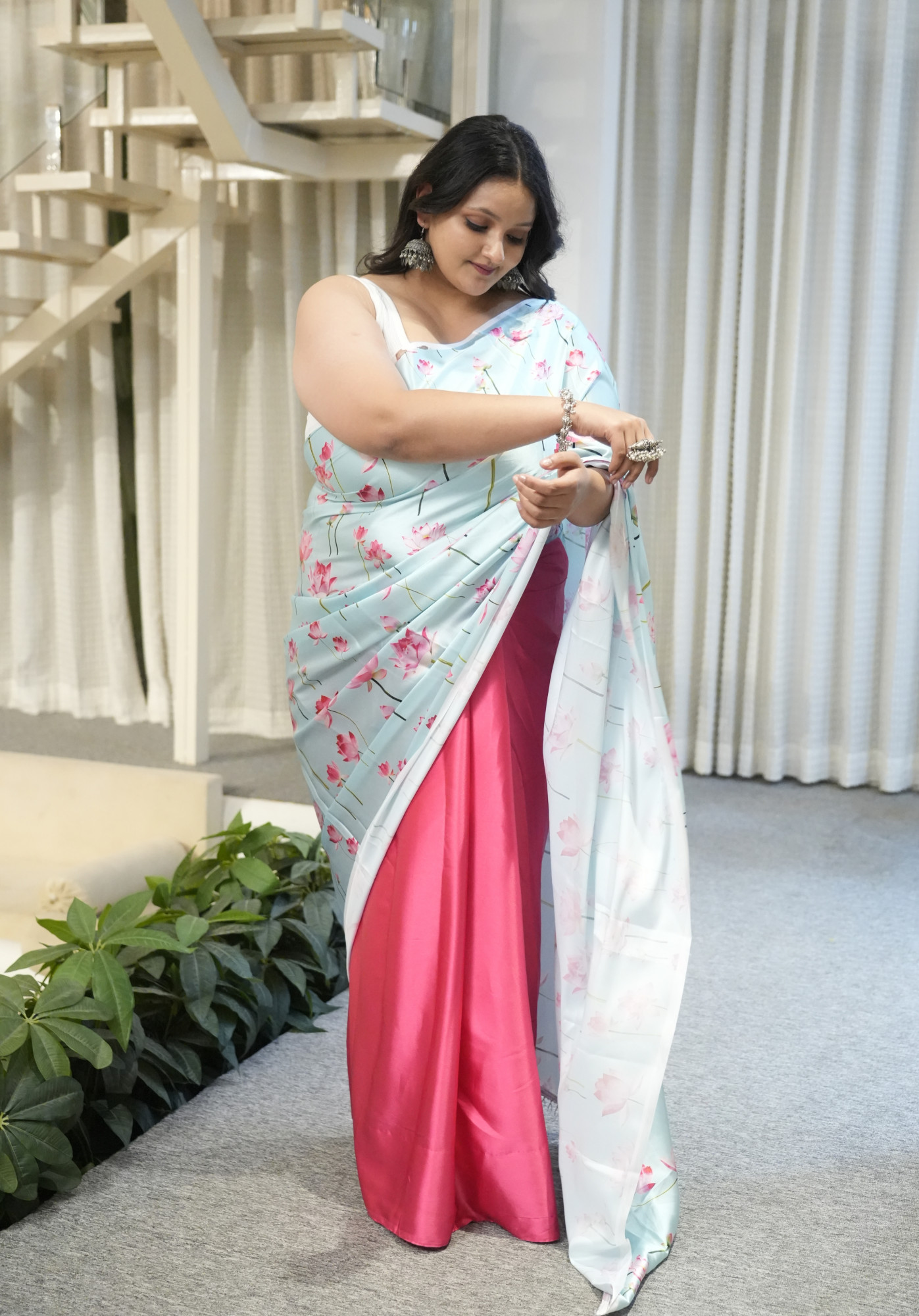 Sky Blue Lotus Plus Size satin Saree