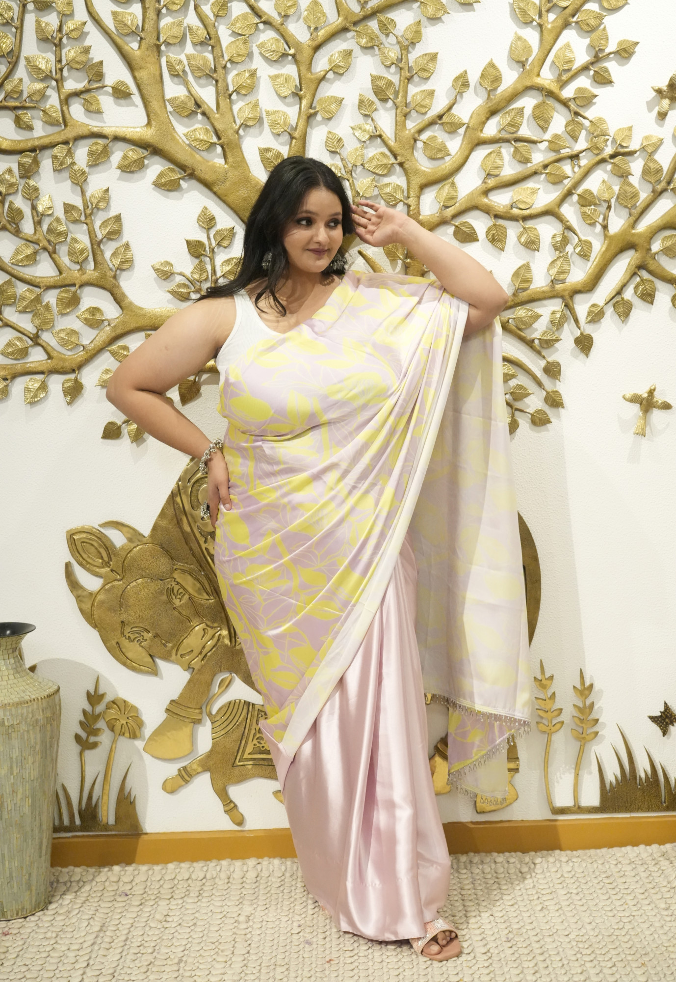 Dusky lavender Plus Size Satin Saree