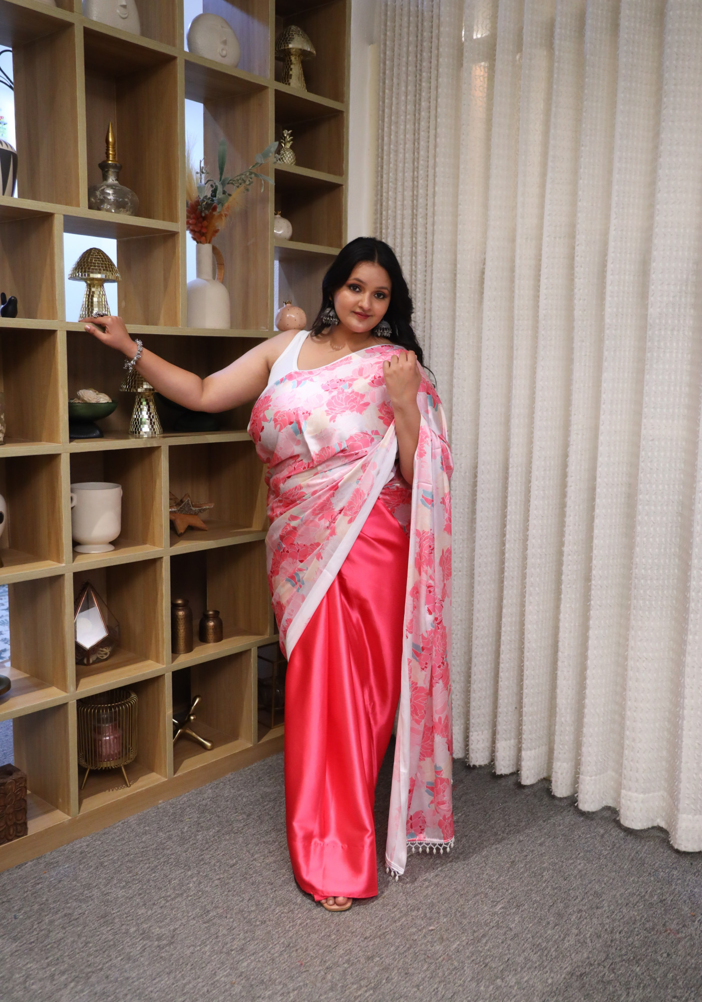 Peachy Leafy Plus Size Satin Saree