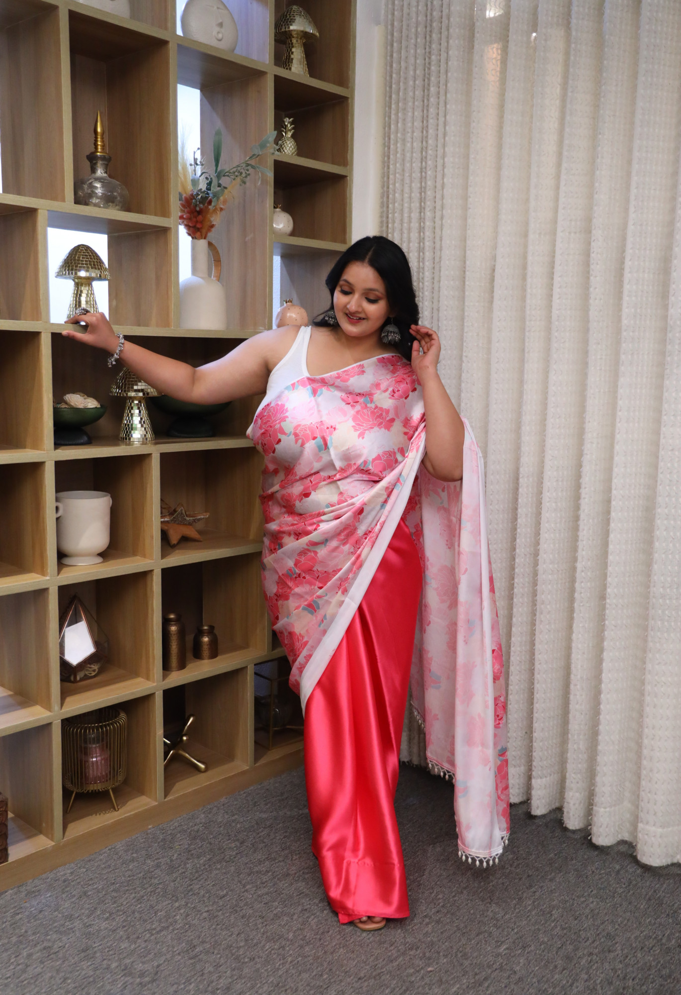 Peachy Leafy Plus Size Satin Saree