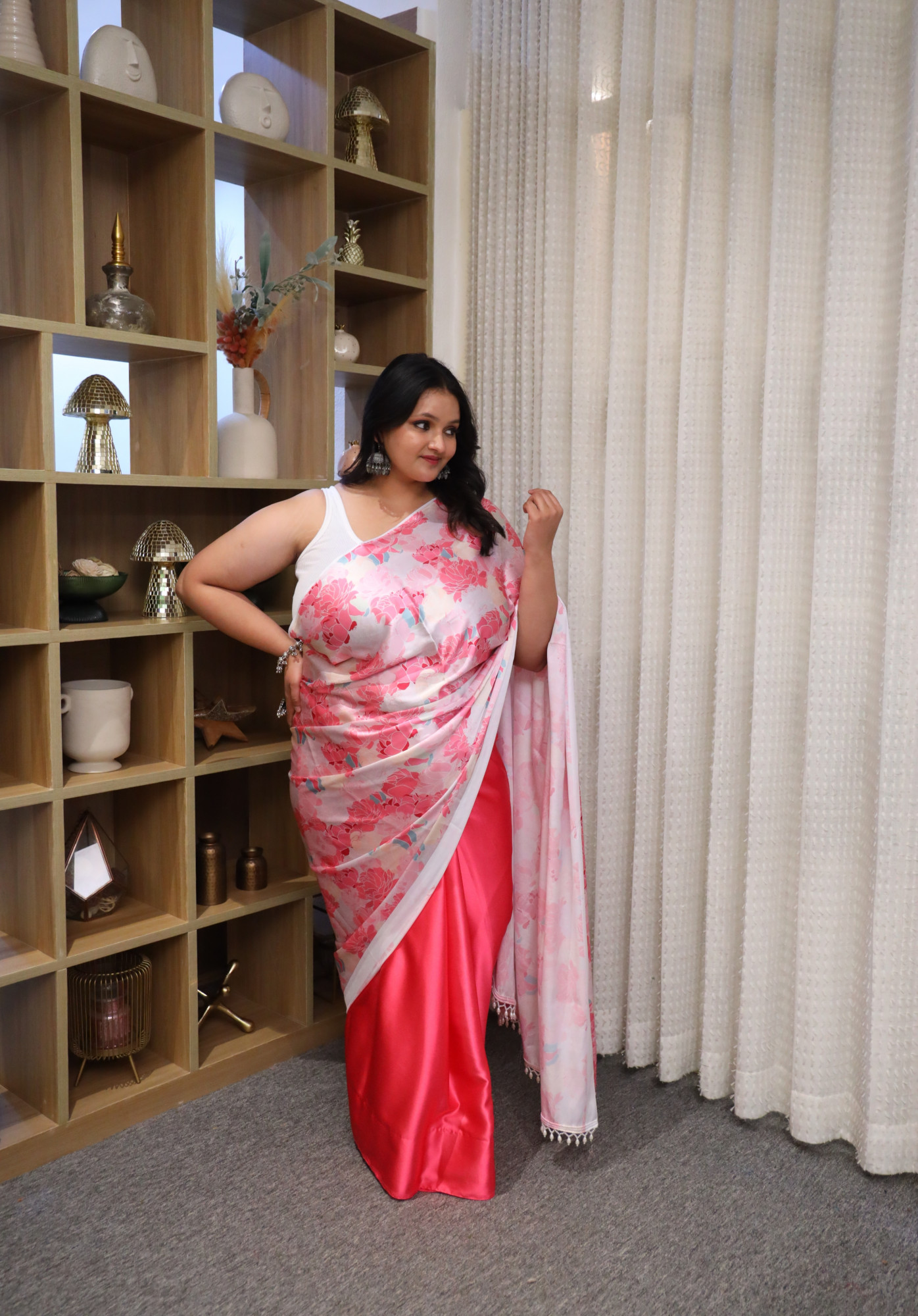 Peachy Leafy Plus Size Satin Saree
