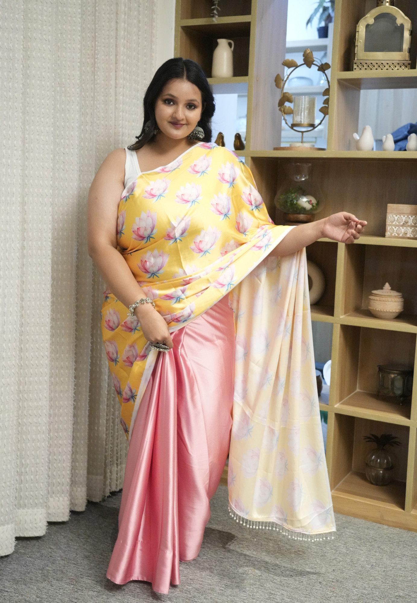 Yellow Lotus Plus Size Satin Saree