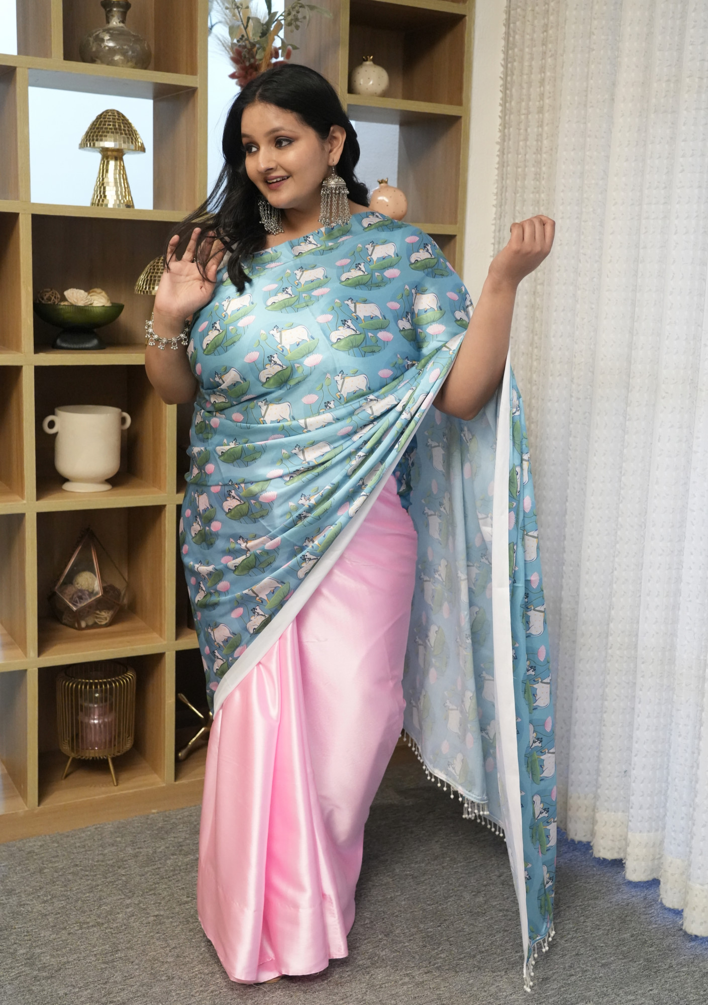 Rama and Pink Cow Plus Size Satin Saree