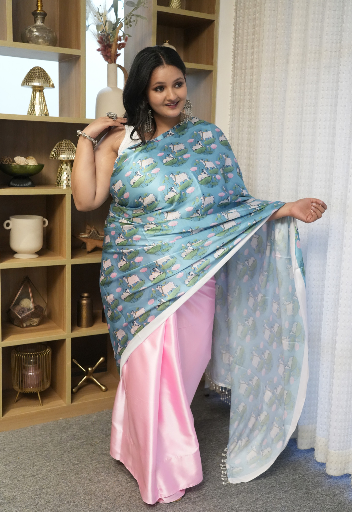 Rama and Pink Cow Plus Size Satin Saree