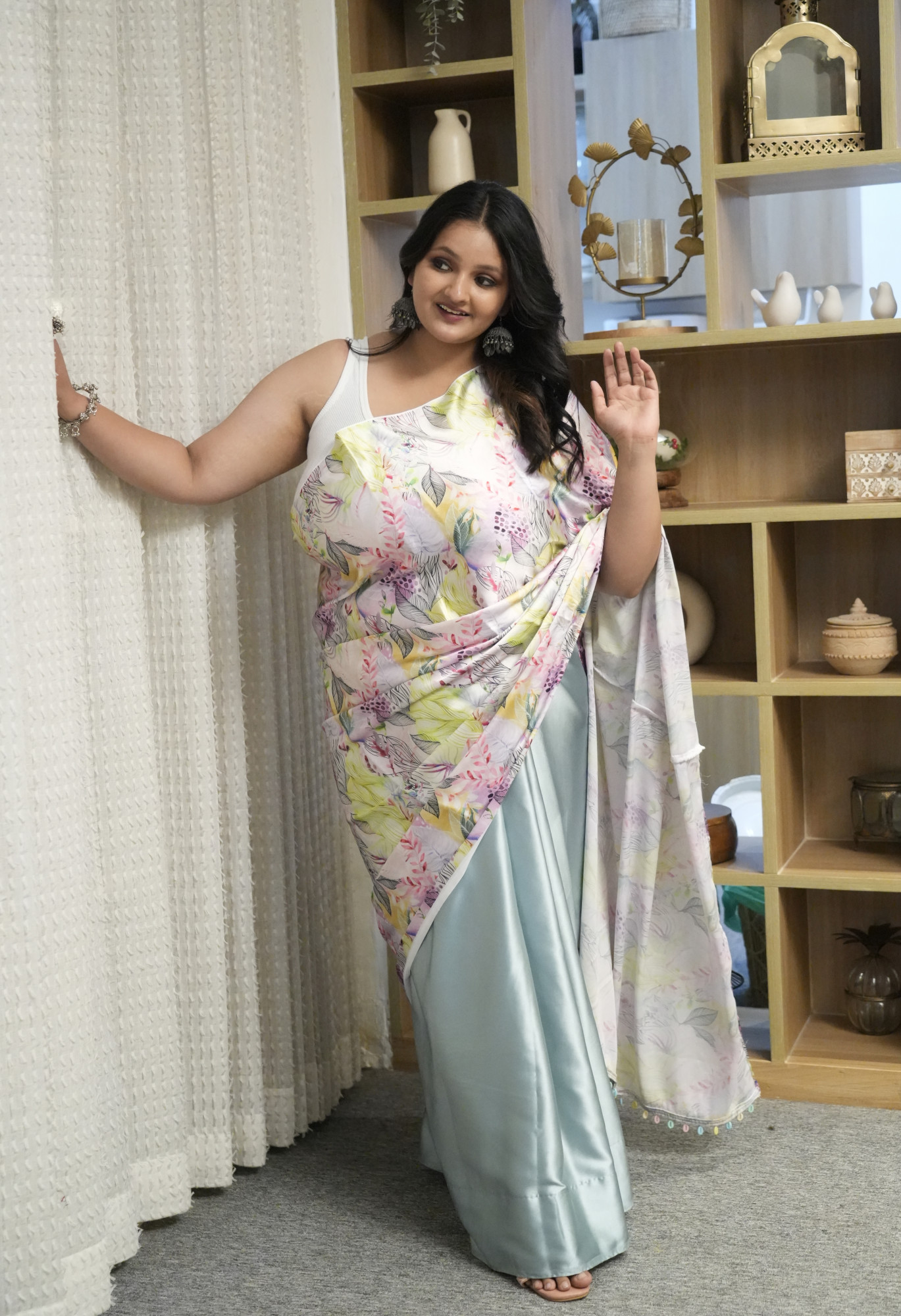 Pastel Flora Plus Size Satin Saree