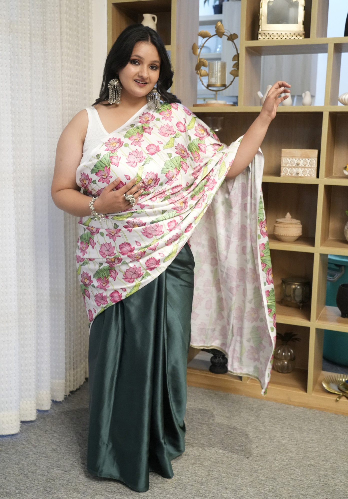 White and Green Lotus Plus Size Satin Saree