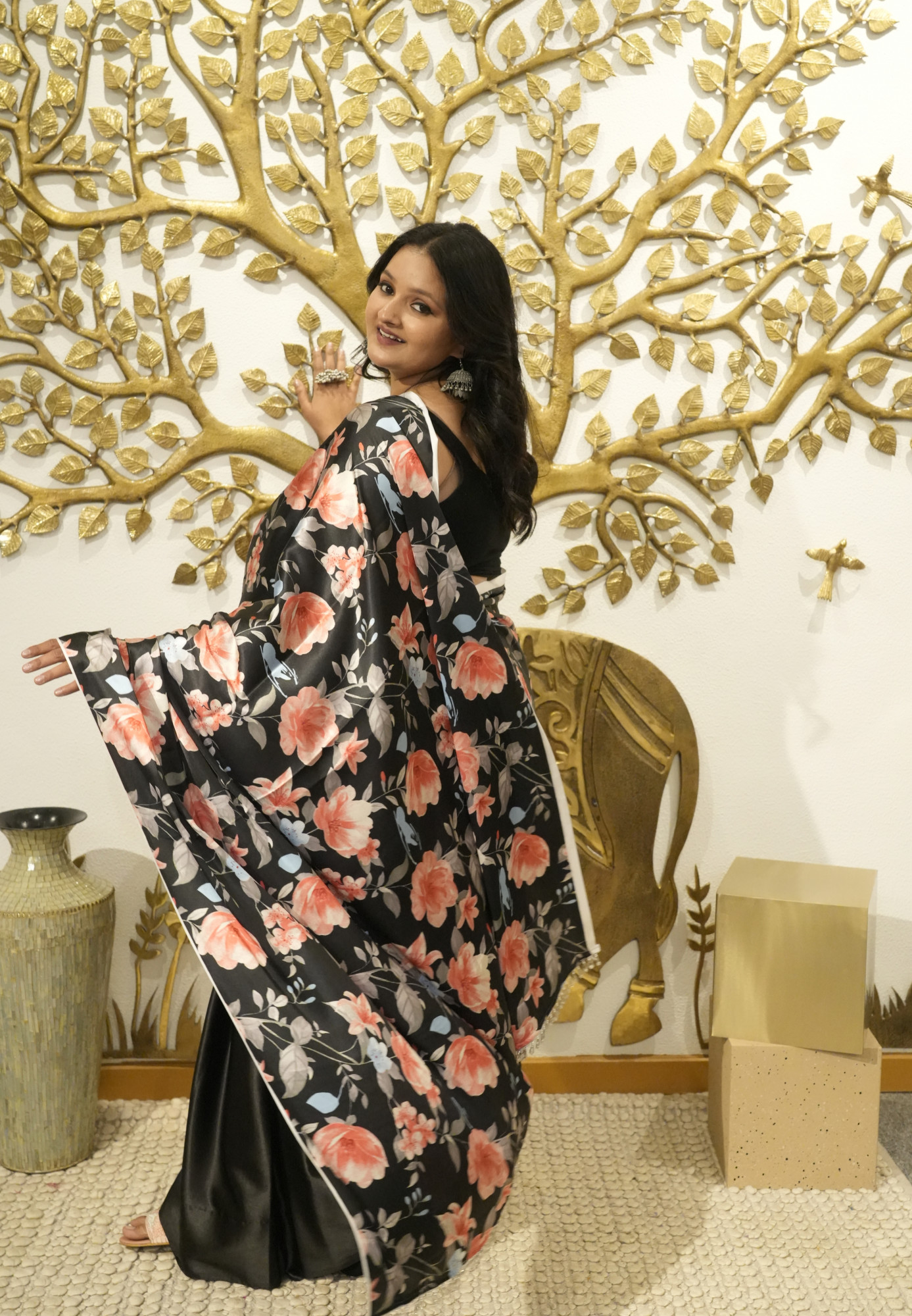 Mystic Black Floral Plus Size Satin Saree