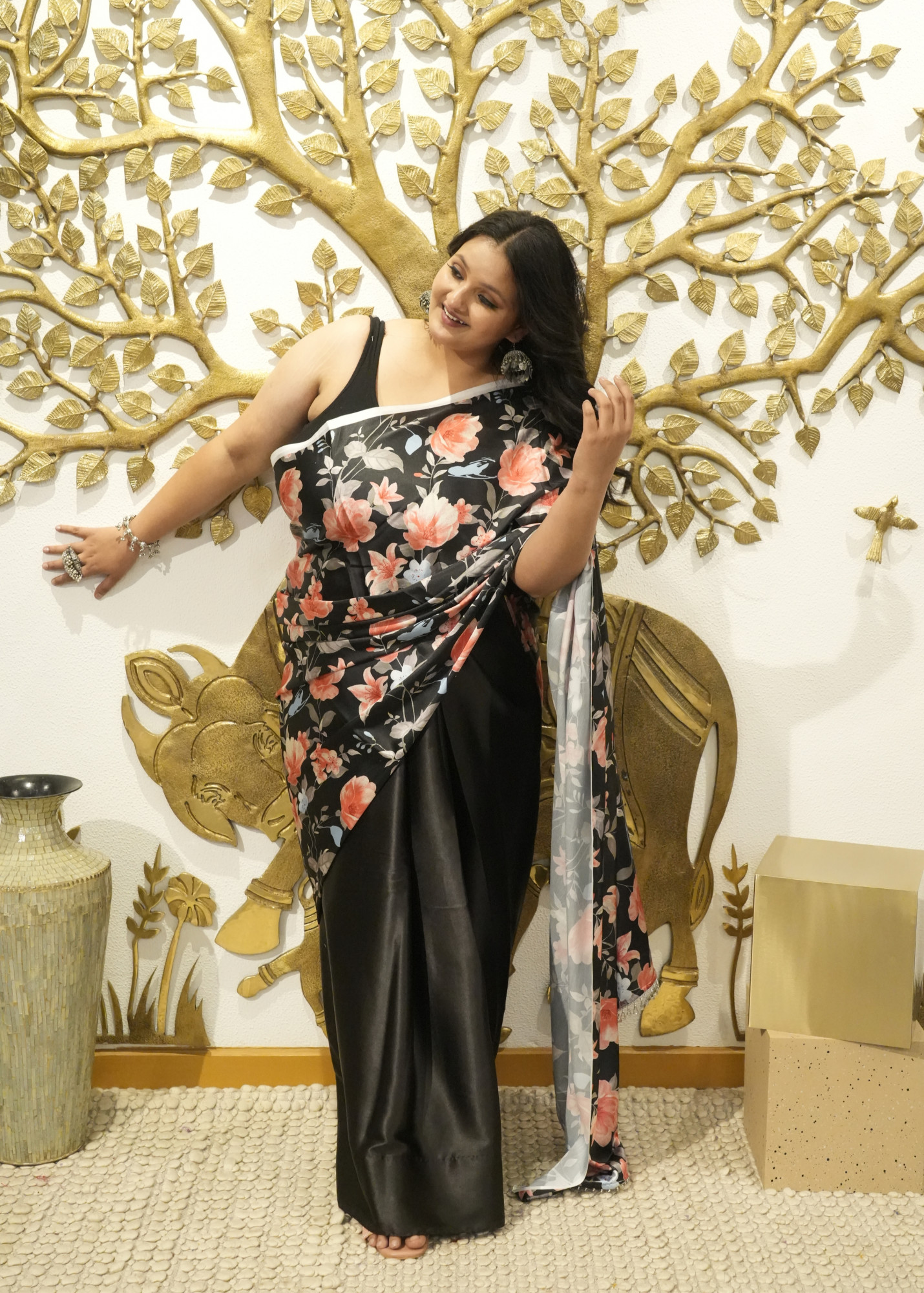 Mystic Black Floral Plus Size Satin Saree