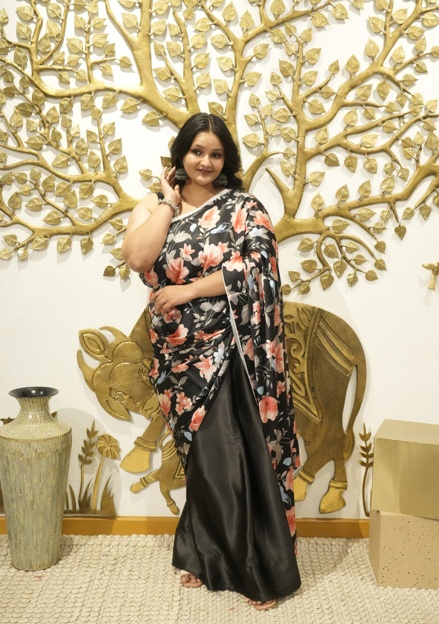 Mystic Black Floral Plus Size Satin Saree